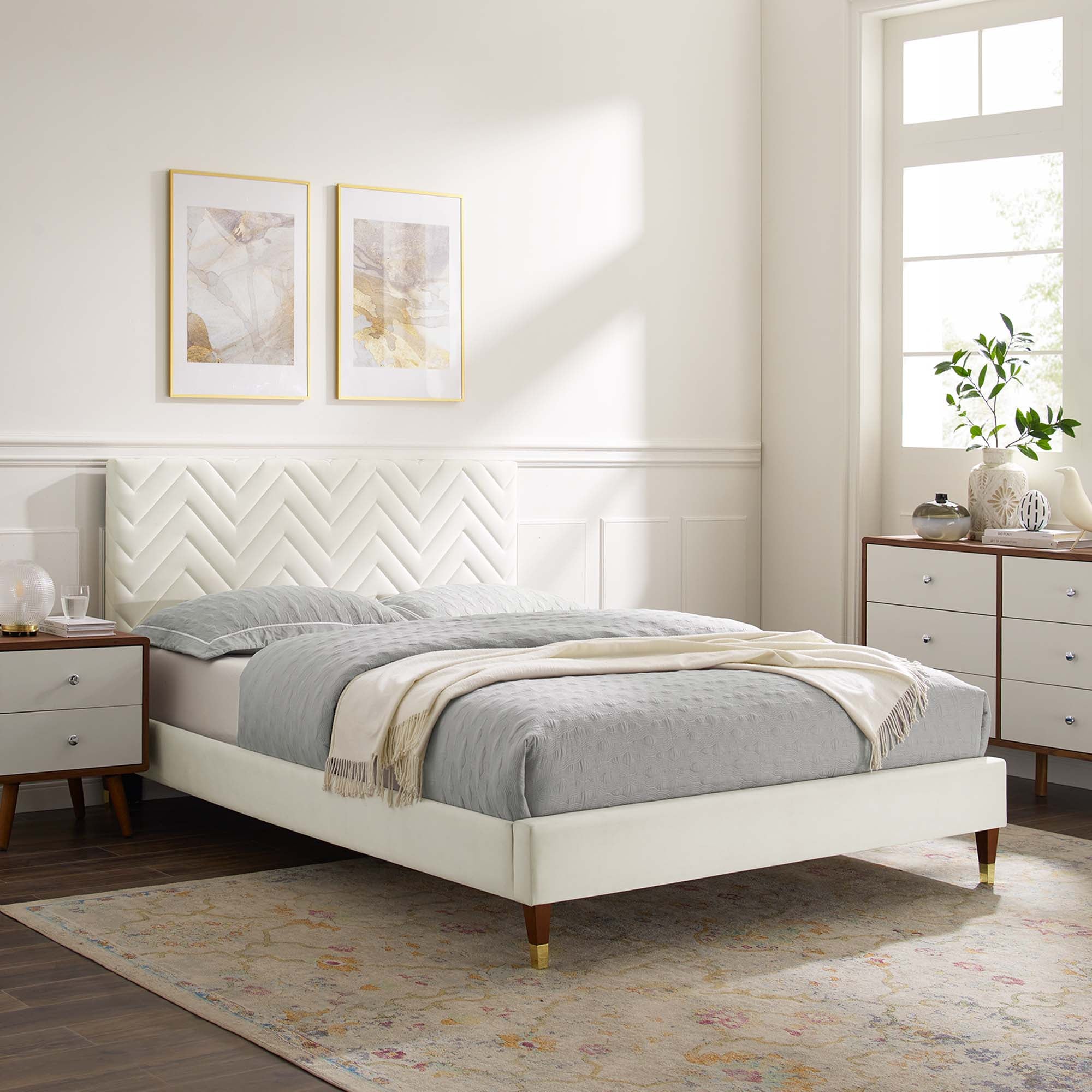 Leah Chevron Tufted Performance Velvet Full Platform Bed - White (Frame, Full/Queen)