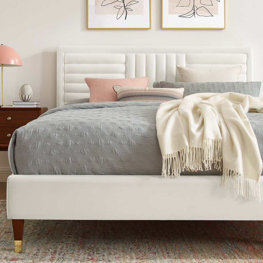 Sofia Channel Tufted Performance Velvet Full Platform Bed - White (MOD-6999-WHI)