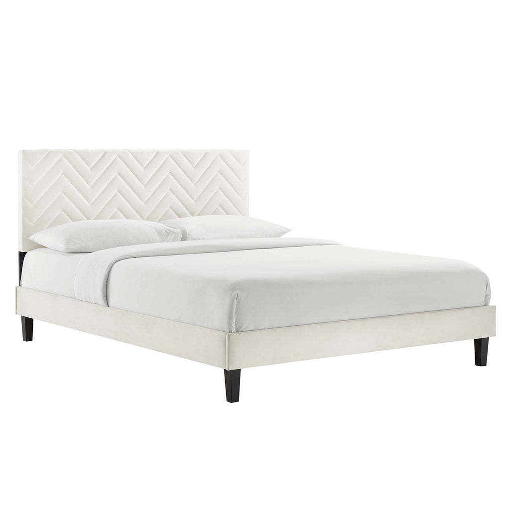 Leah Tapered Wood Leg Chevron Tufted Performance Velvet Full Platform Bed - White