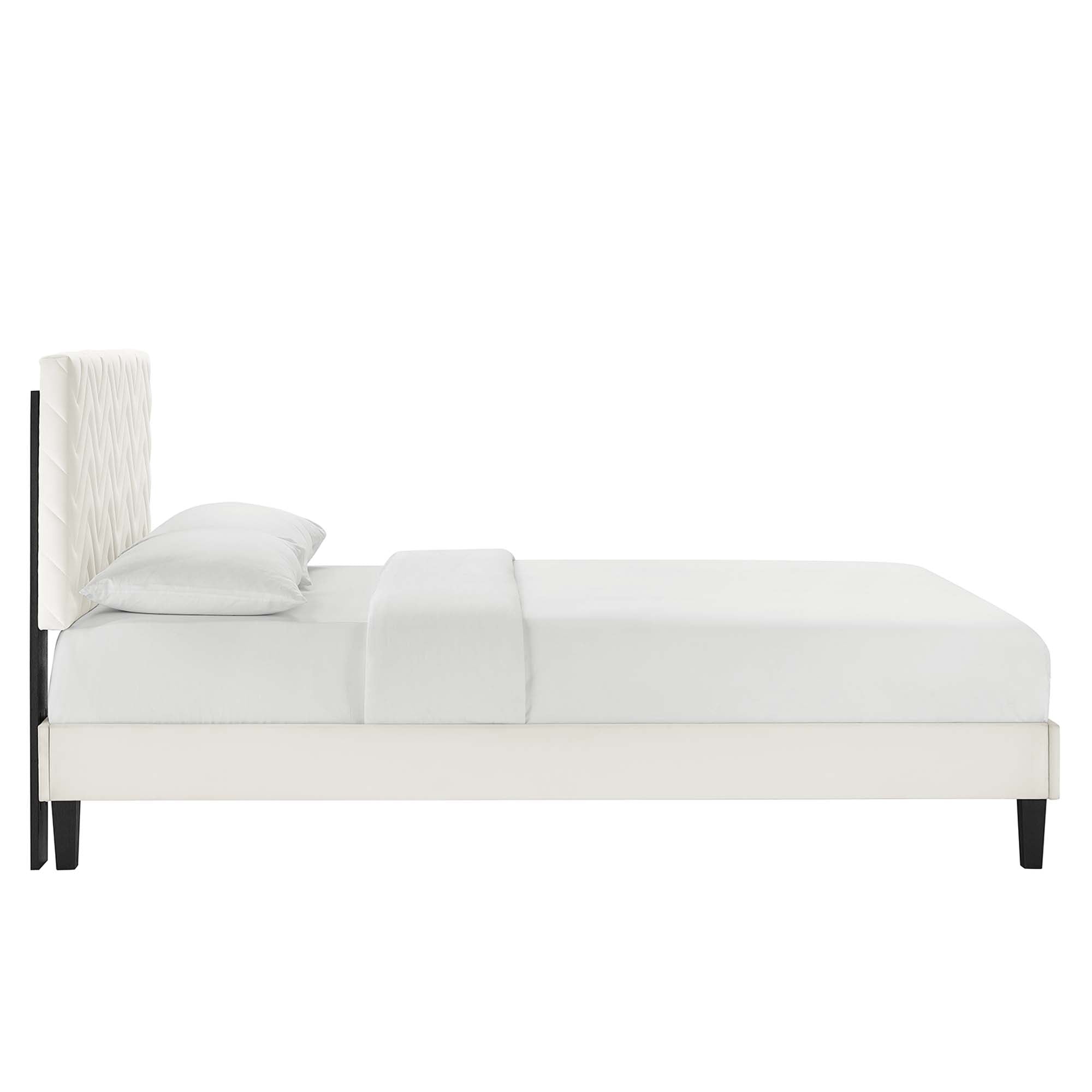 Leah Tapered Wood Leg Chevron Tufted Performance Velvet Full Platform Bed - White