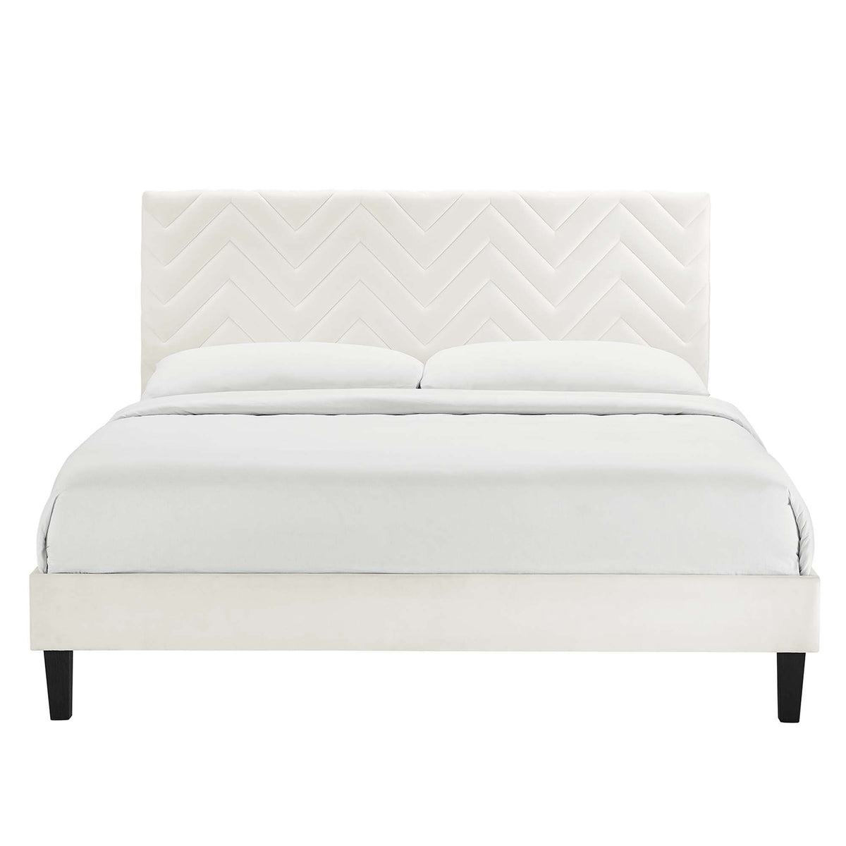 Leah Tapered Wood Leg Chevron Tufted Performance Velvet Full Platform Bed - White