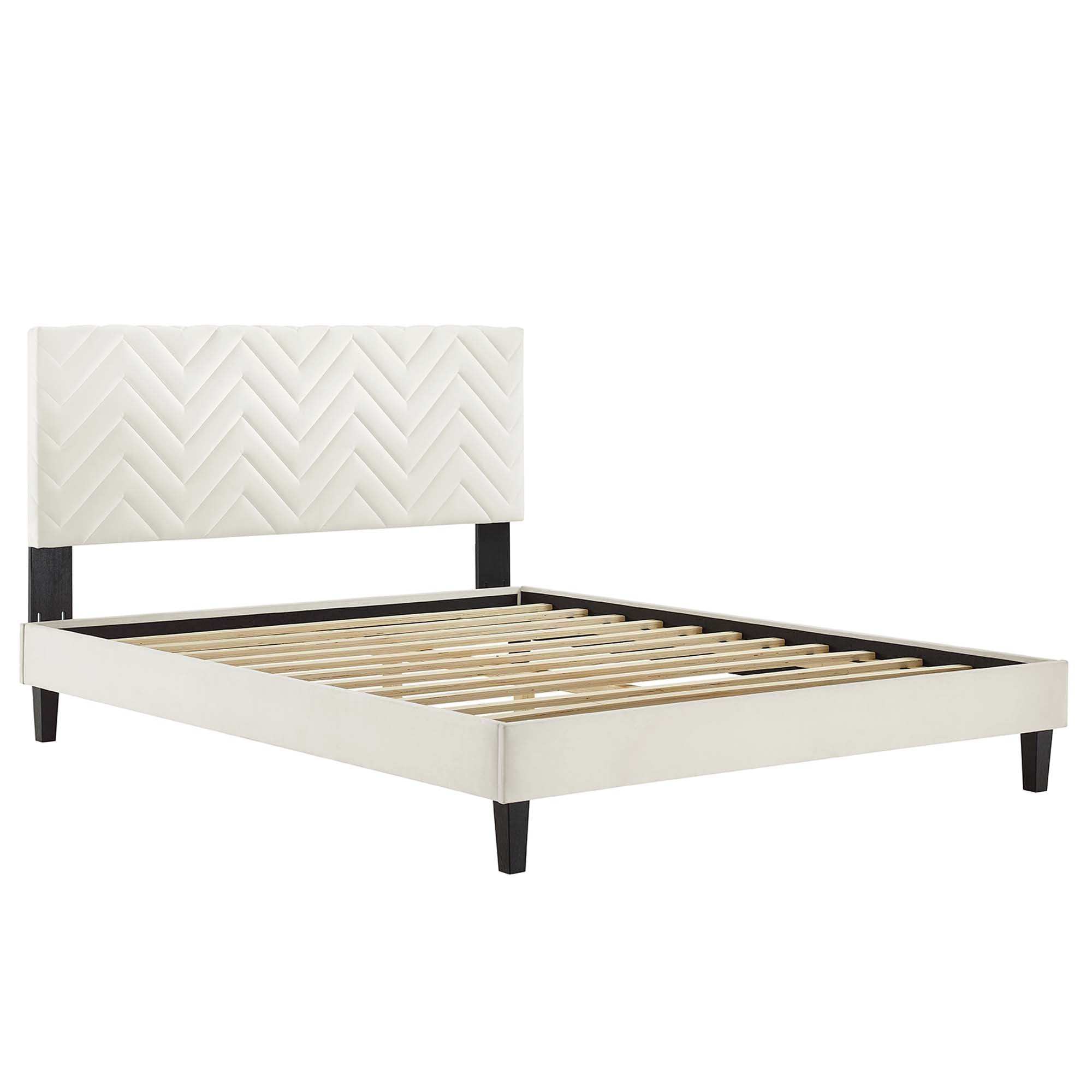 Leah Tapered Wood Leg Chevron Tufted Performance Velvet Full Platform Bed - White