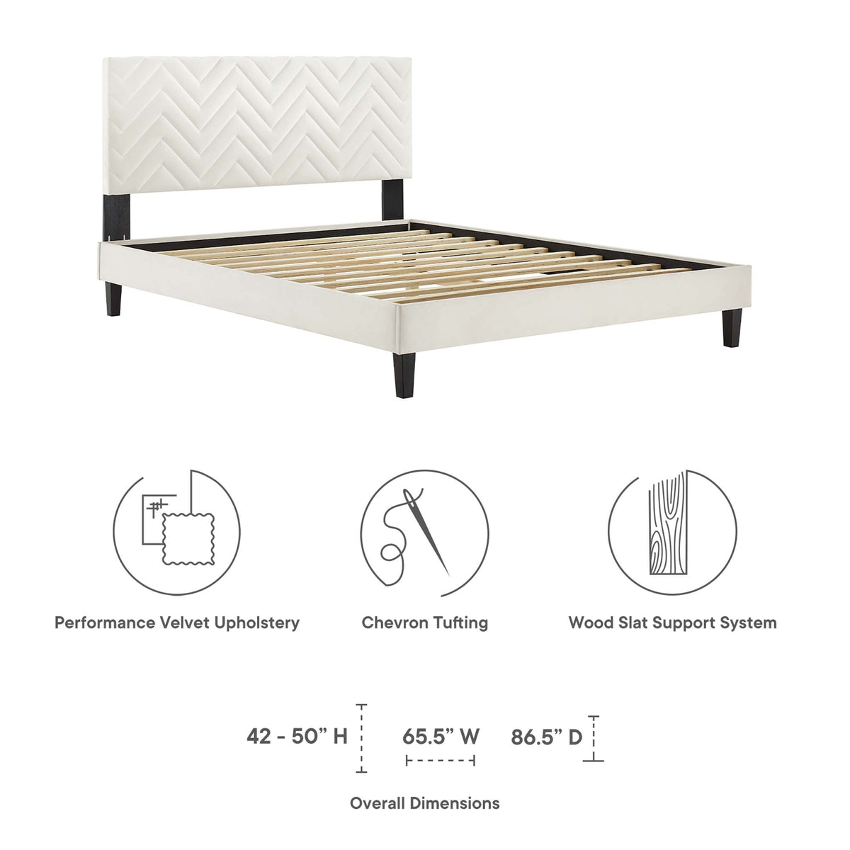 Leah Tapered Wood Leg Chevron Tufted Performance Velvet Full Platform Bed - White