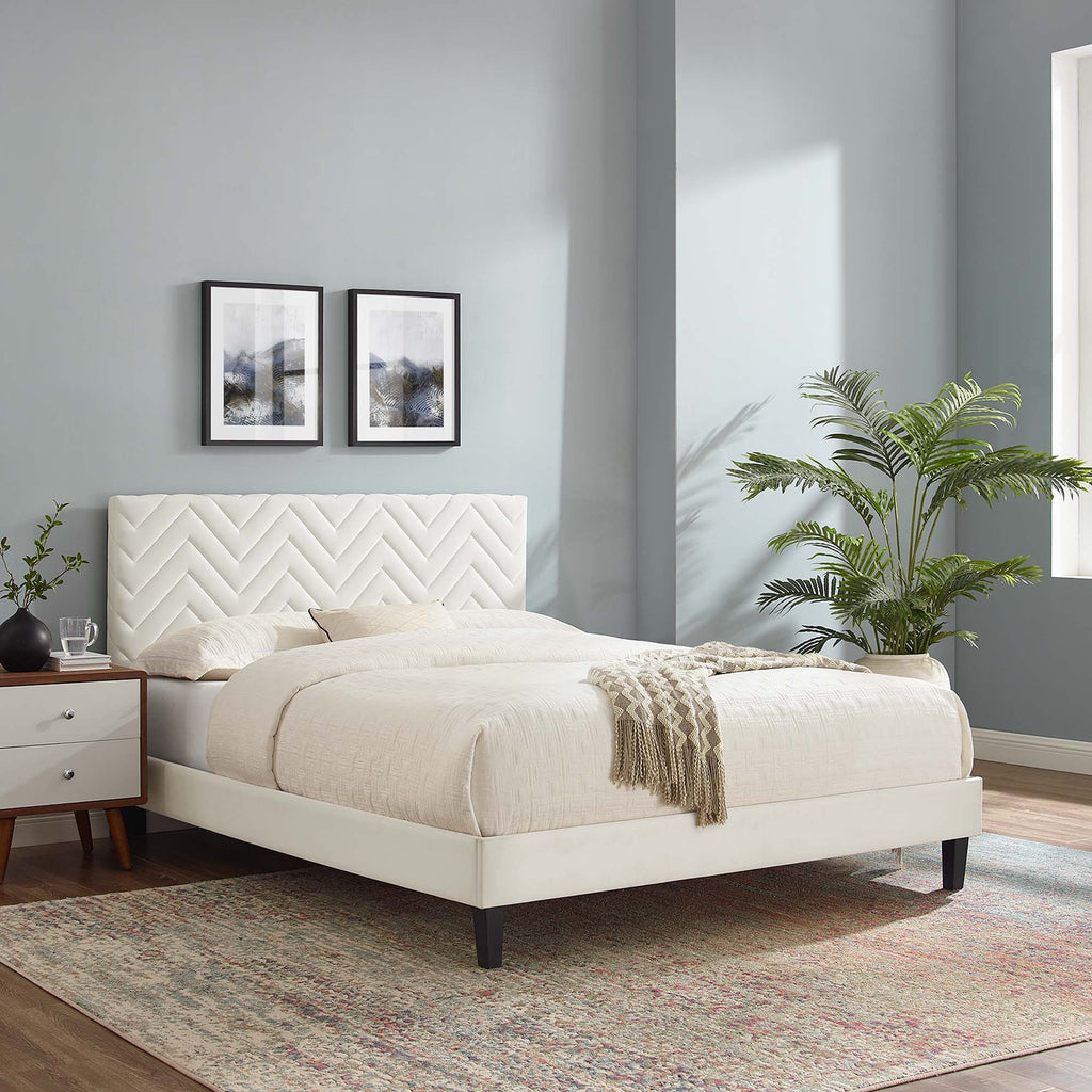 Leah Tapered Wood Leg Chevron Tufted Performance Velvet Full Platform Bed - White