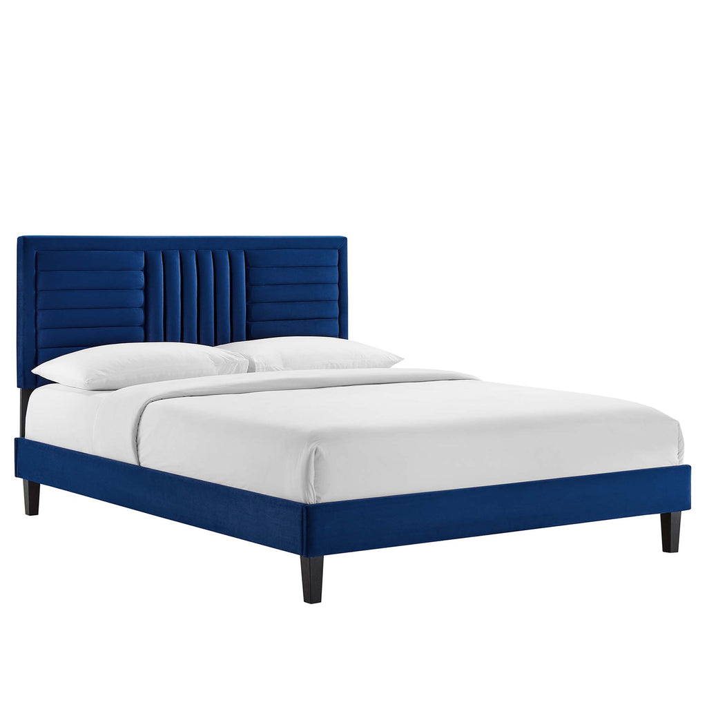 Sofia Tapered Wood Leg Channel Tufted Performance Velvet Full Platform Bed - Navy