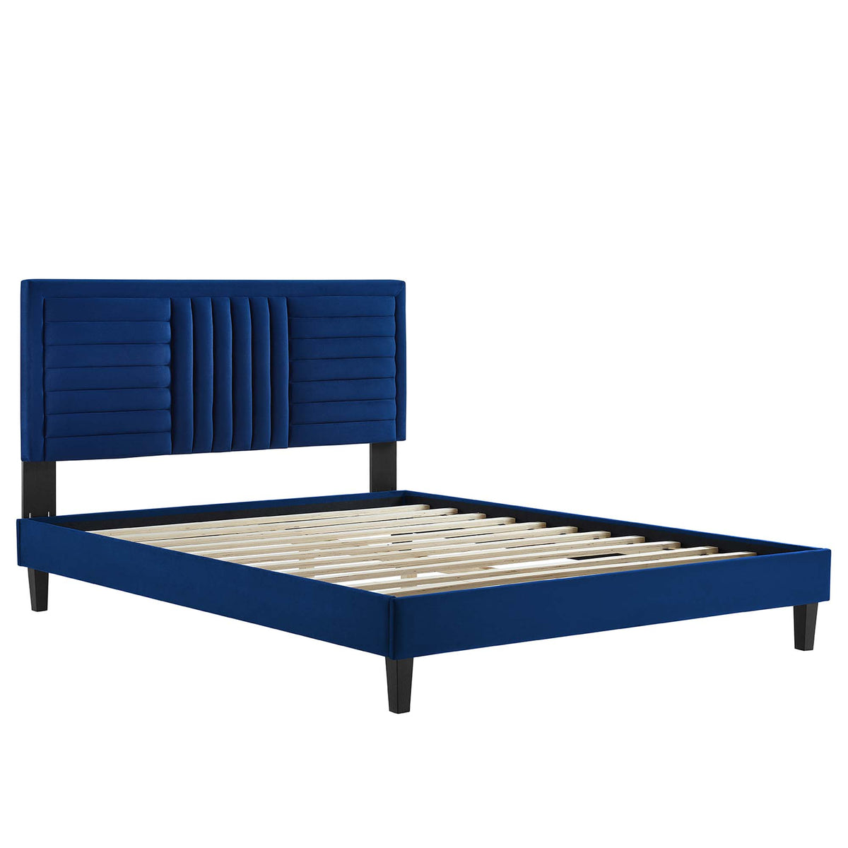 Sofia Tapered Wood Leg Channel Tufted Performance Velvet Full Platform Bed - Navy