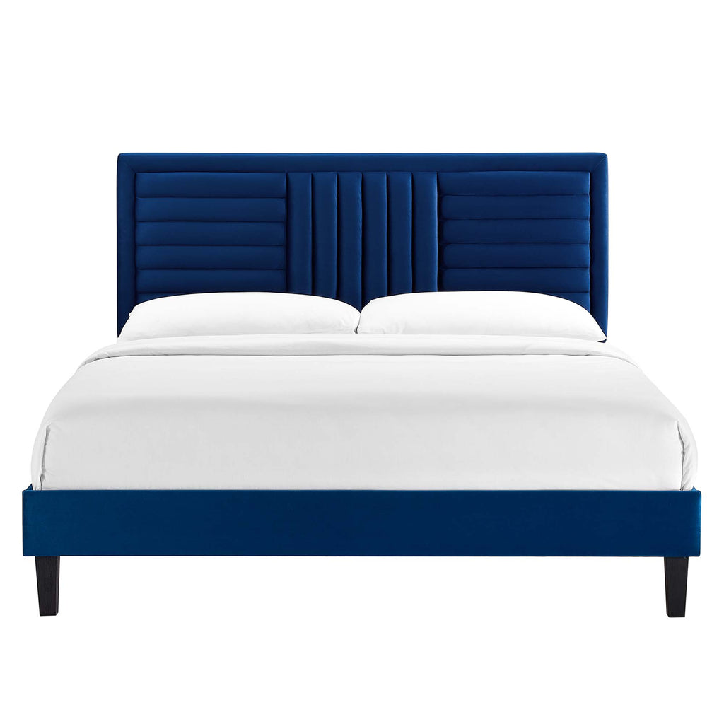 Sofia Tapered Wood Leg Channel Tufted Performance Velvet Full Platform Bed - Navy