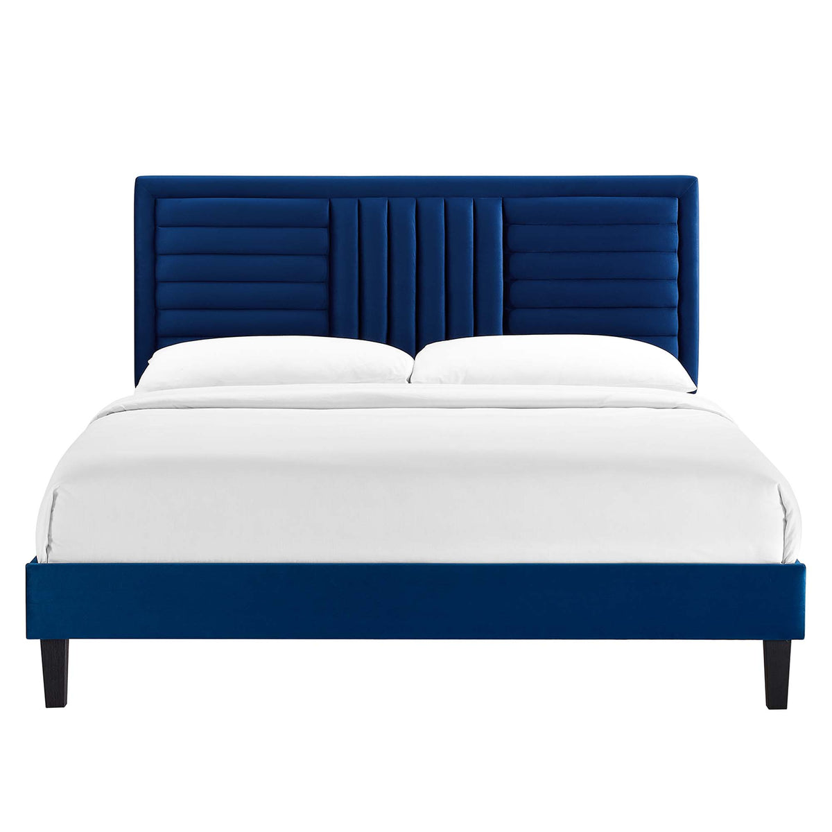 Sofia Tapered Wood Leg Channel Tufted Performance Velvet Full Platform Bed - Navy