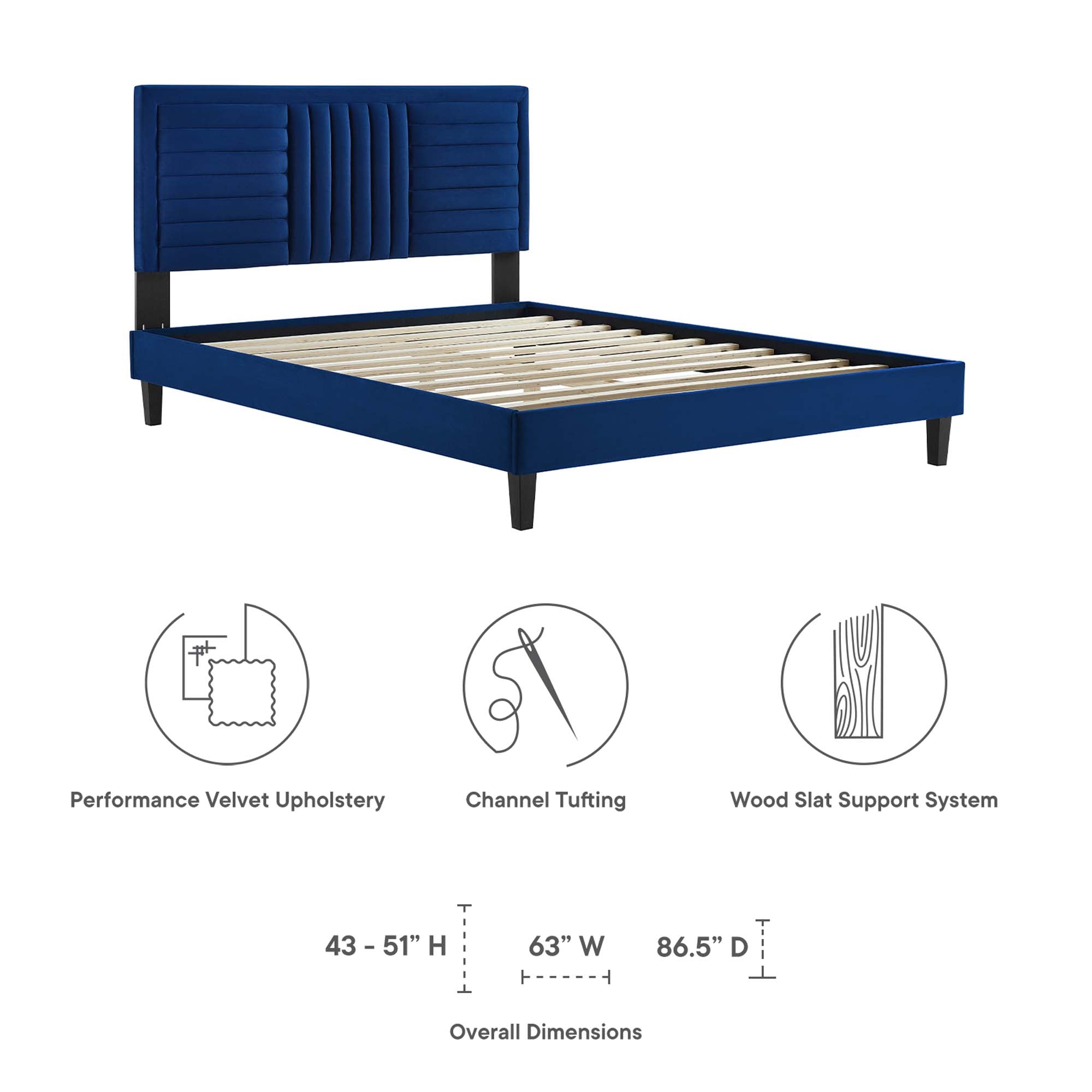Sofia Tapered Wood Leg Channel Tufted Performance Velvet Full Platform Bed - Navy