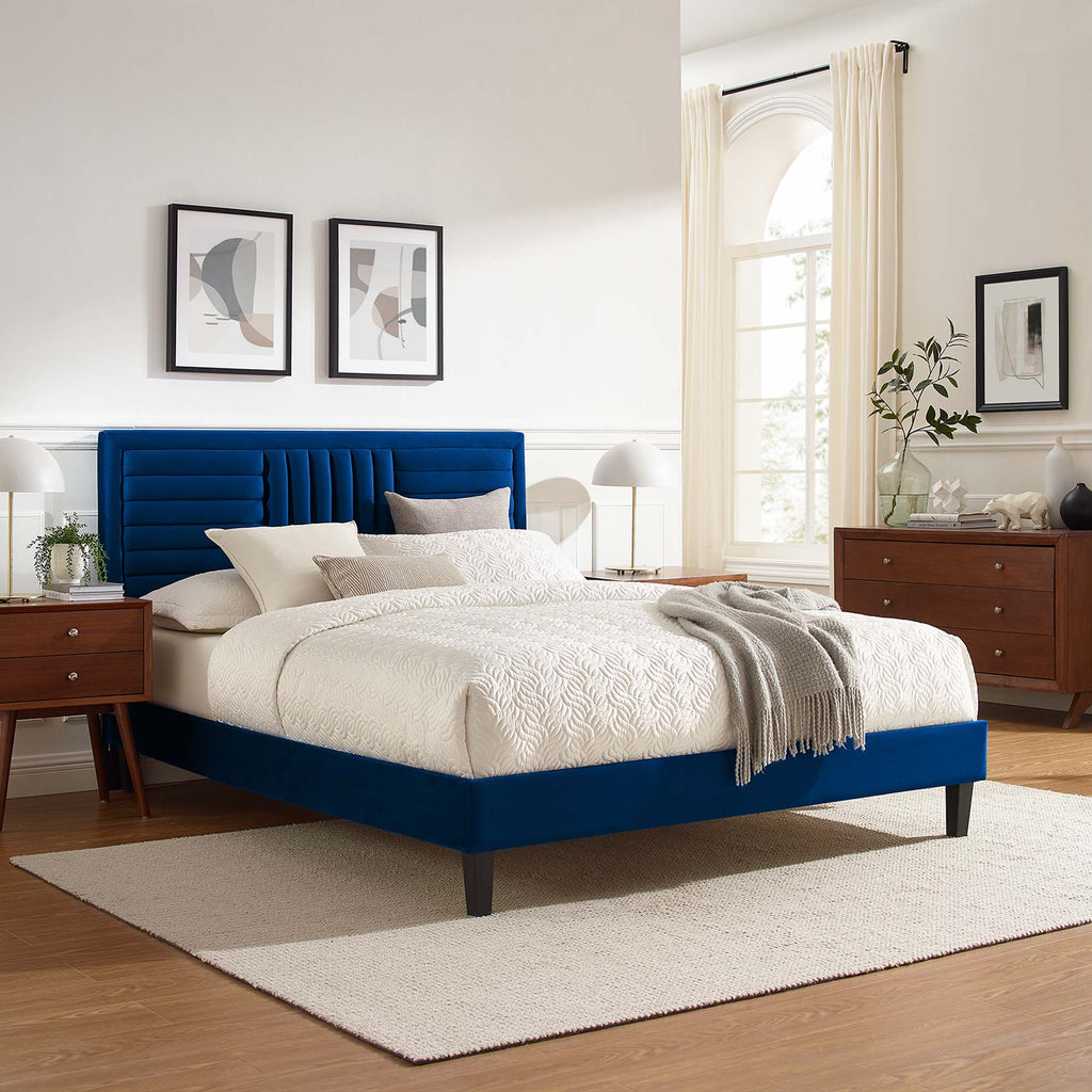 Sofia Tapered Wood Leg Channel Tufted Performance Velvet Full Platform Bed - Navy