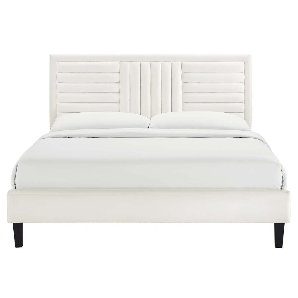 Sofia Tapered Wood Leg Channel Tufted Performance Velvet Full Platform Bed - White