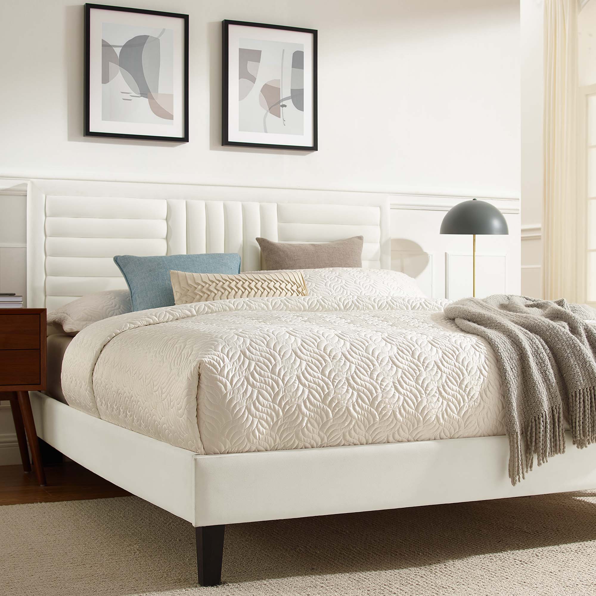 Sofia Tapered Wood Leg Channel Tufted Performance Velvet Full Platform Bed - White