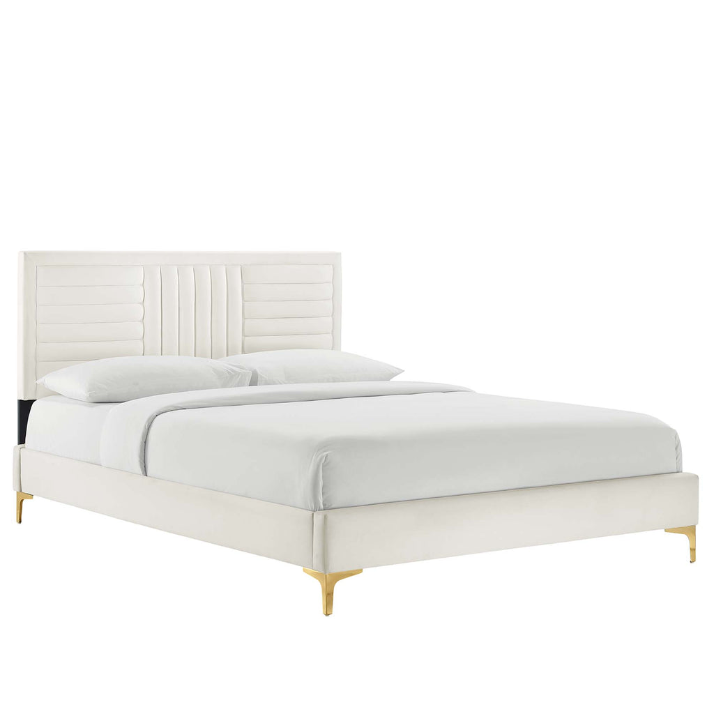 Sofia Channel Tufted Performance Velvet King Platform Bed - White (MOD-7007-WHI)