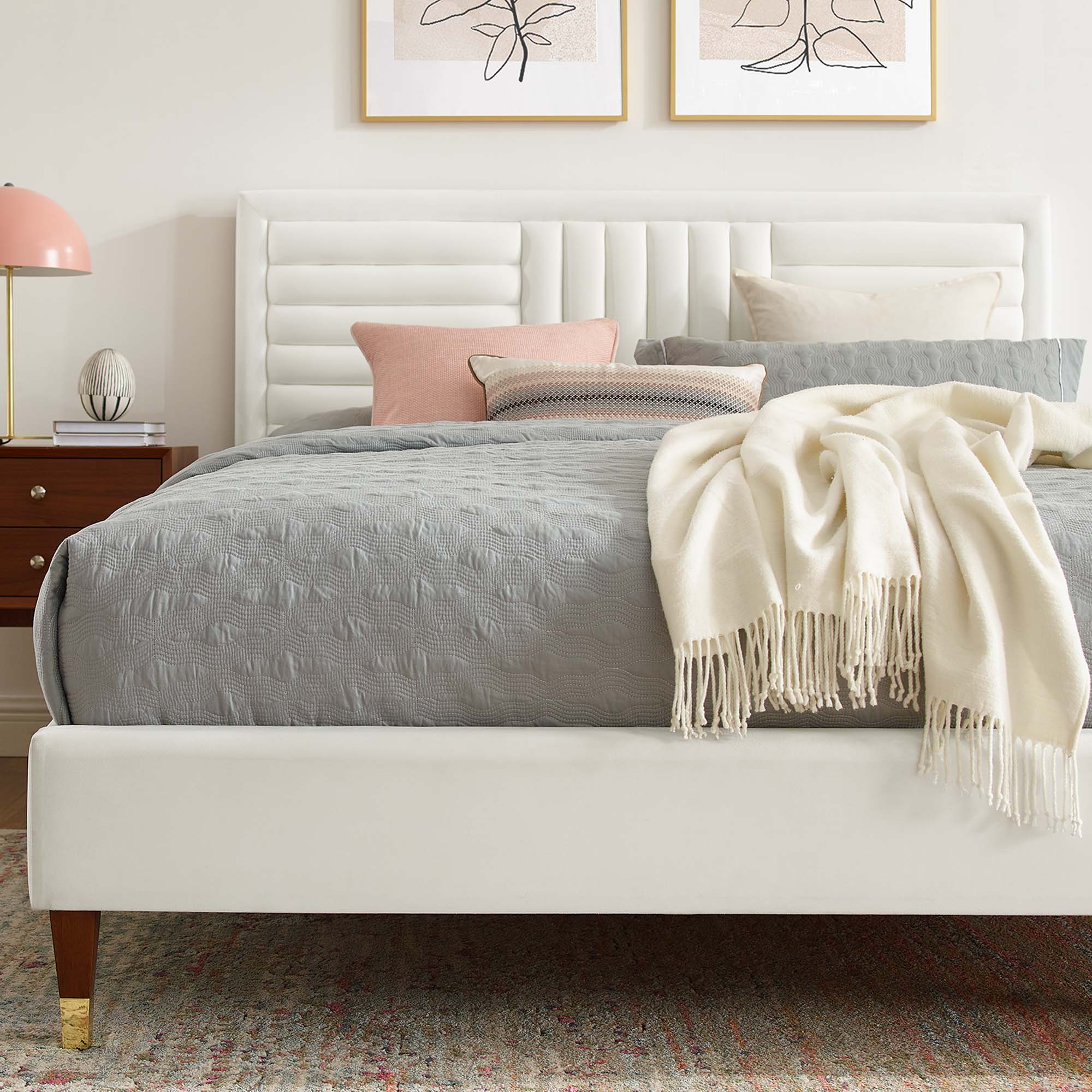 Sofia Channel Tufted Performance Velvet King Platform Bed - White (MOD-7011-WHI)