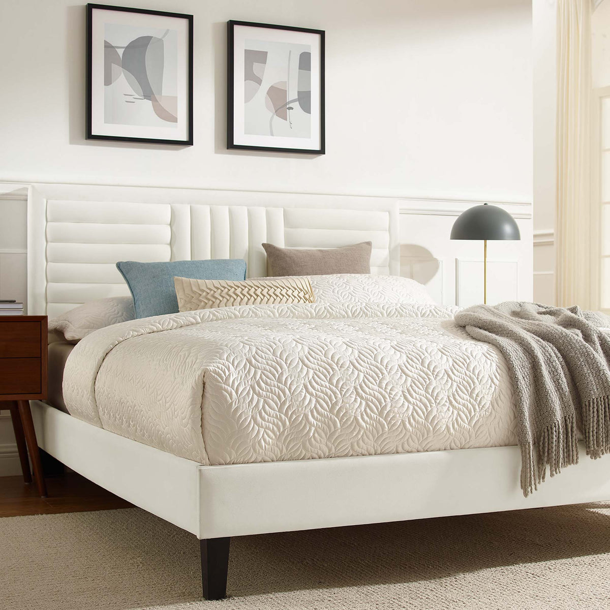 Sofia Channel Tufted Performance Velvet King Platform Bed - White (MOD-7015-WHI)