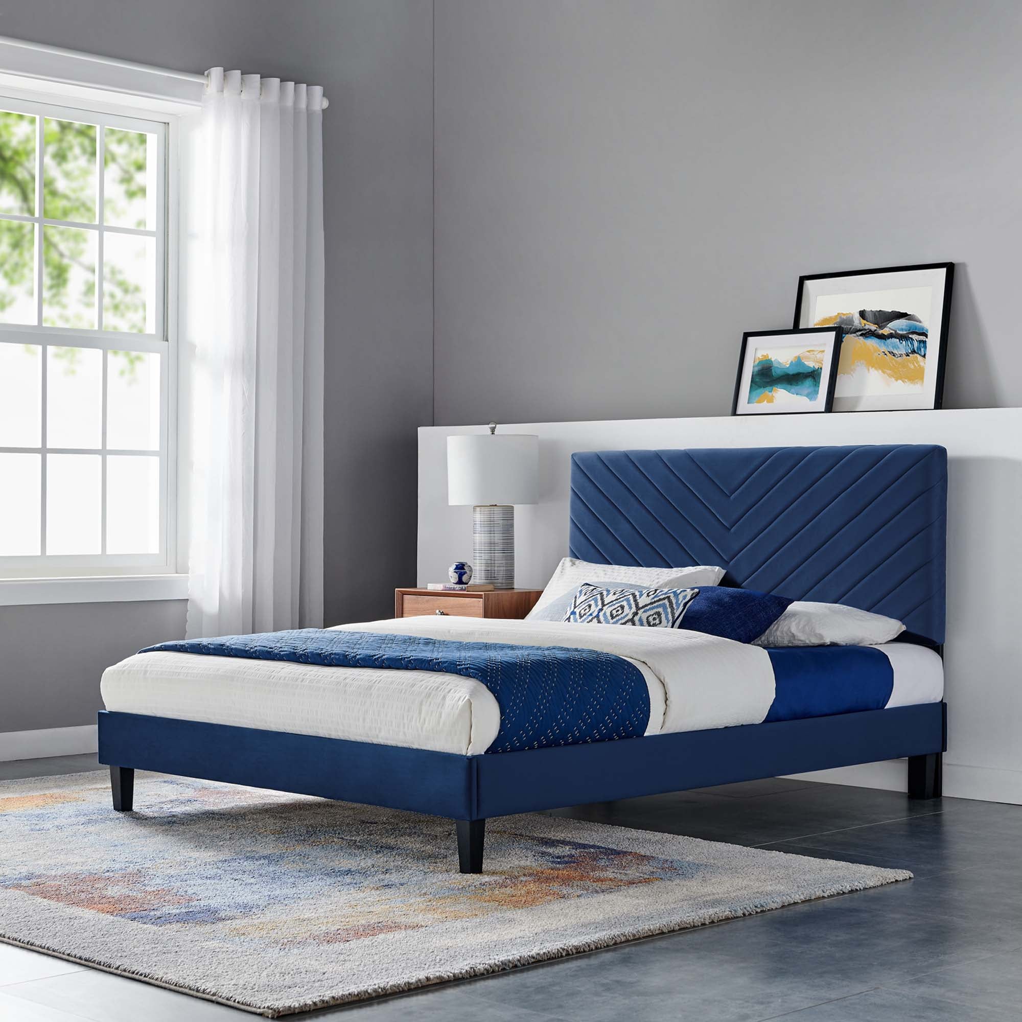 Roxanne Performance Velvet Full Platform Bed - Navy
