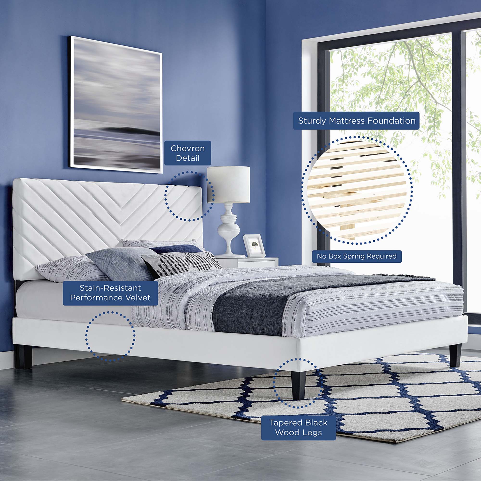 Roxanne Performance Velvet Full Platform Bed - White