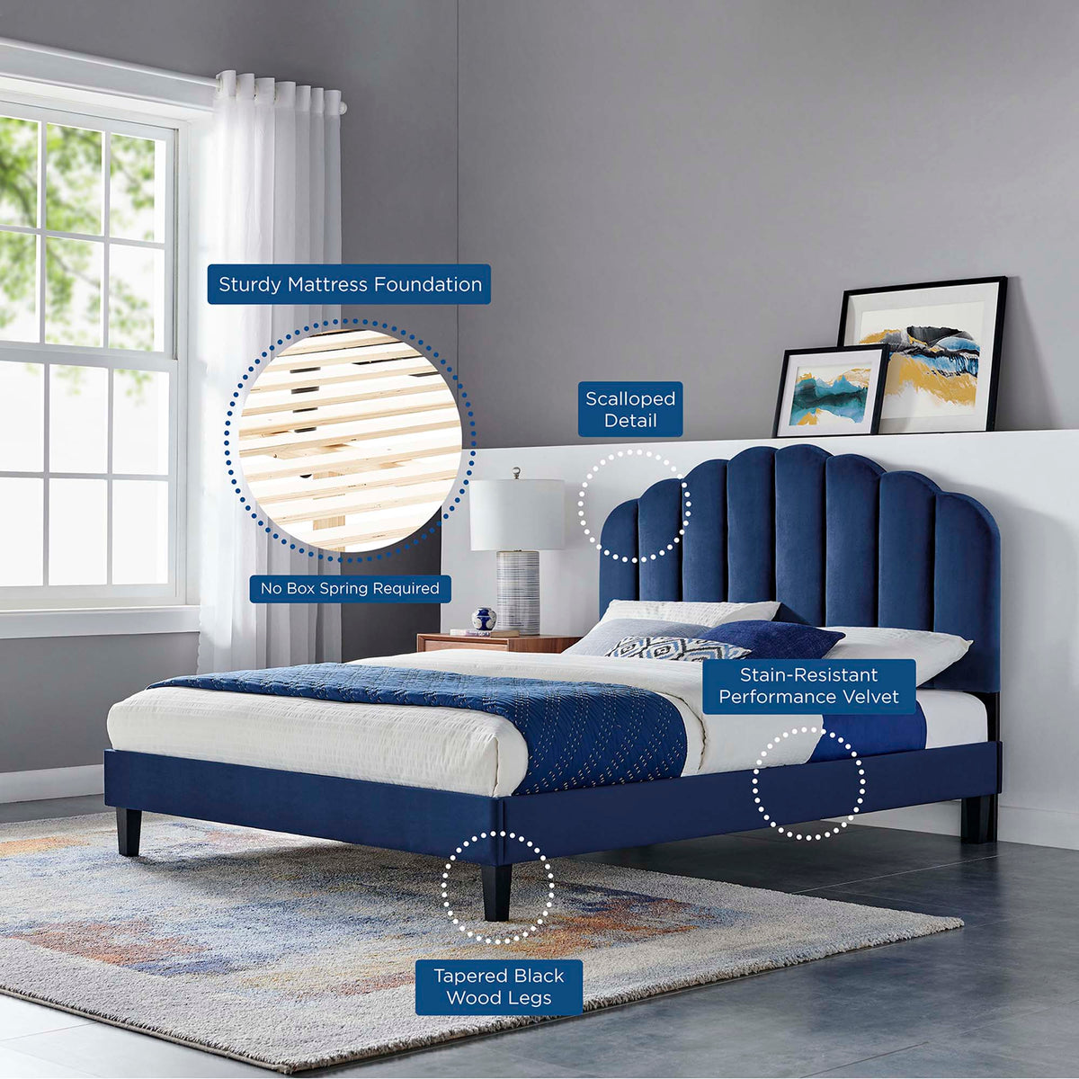Daisy Performance Velvet Full Platform Bed - Navy