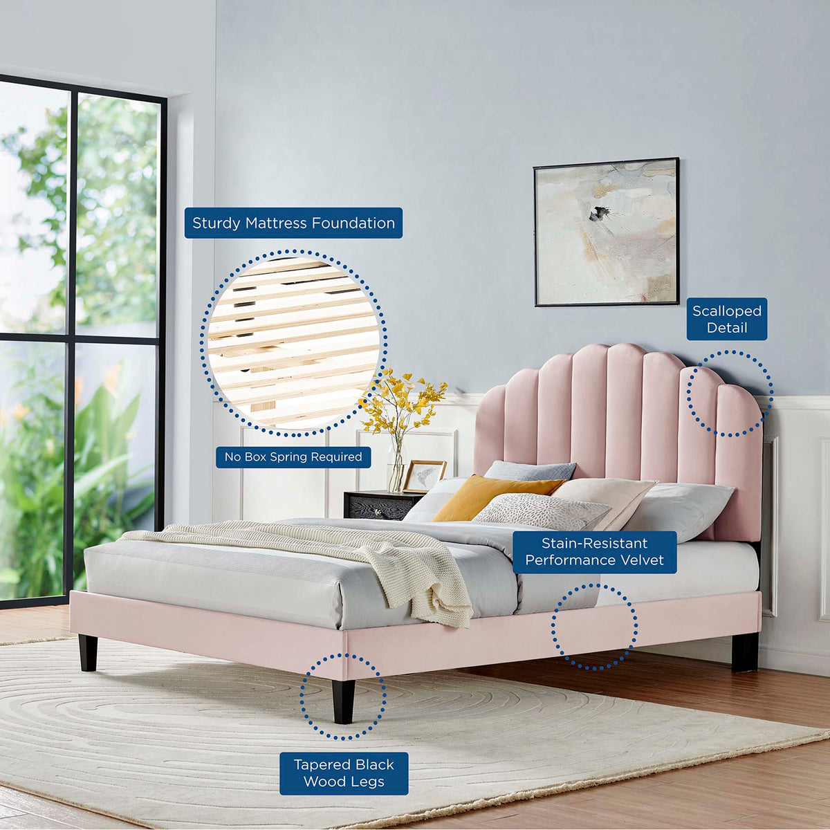 Daisy Performance Velvet Full Platform Bed - Pink