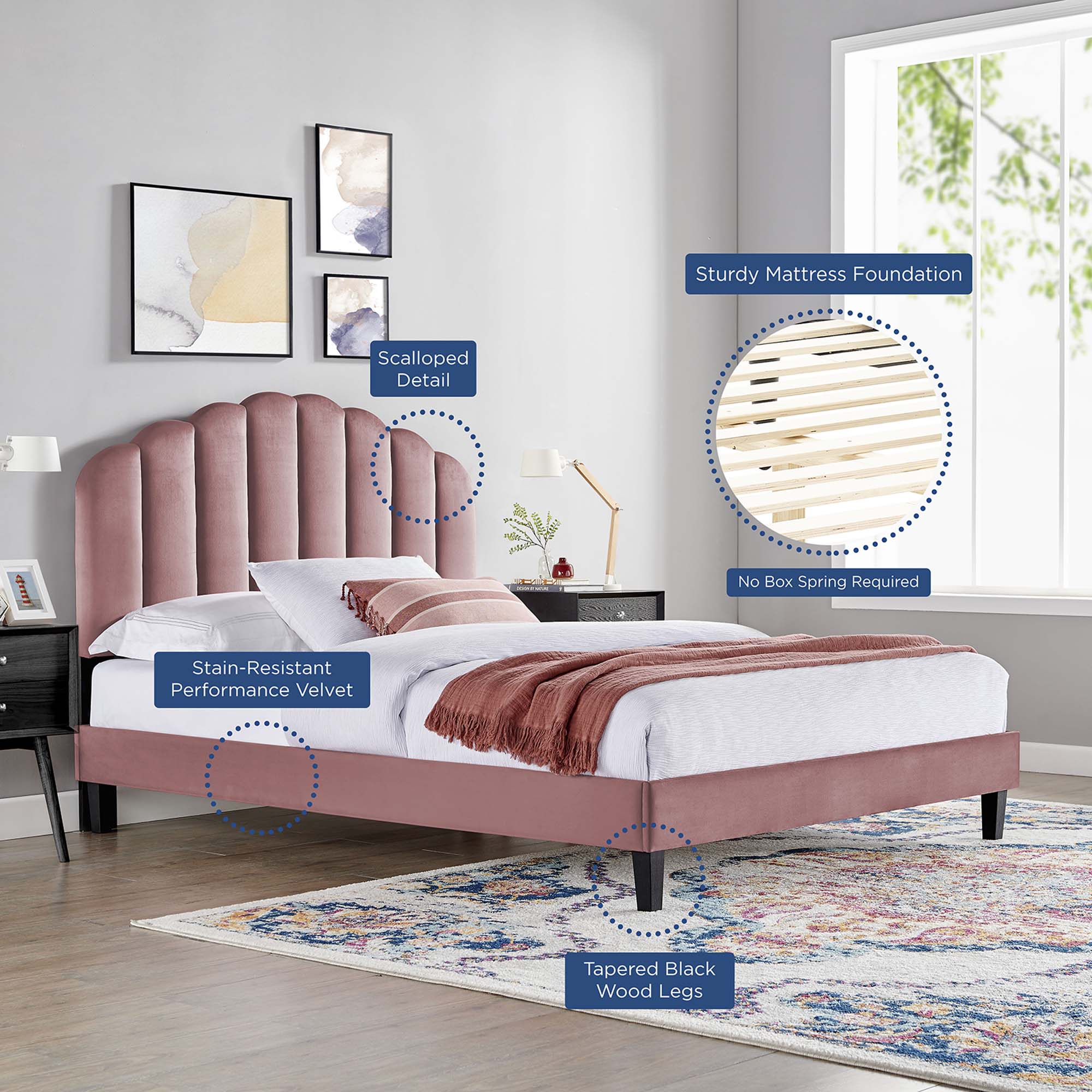 Daisy Performance Velvet Twin Platform Bed - Dusty Rose