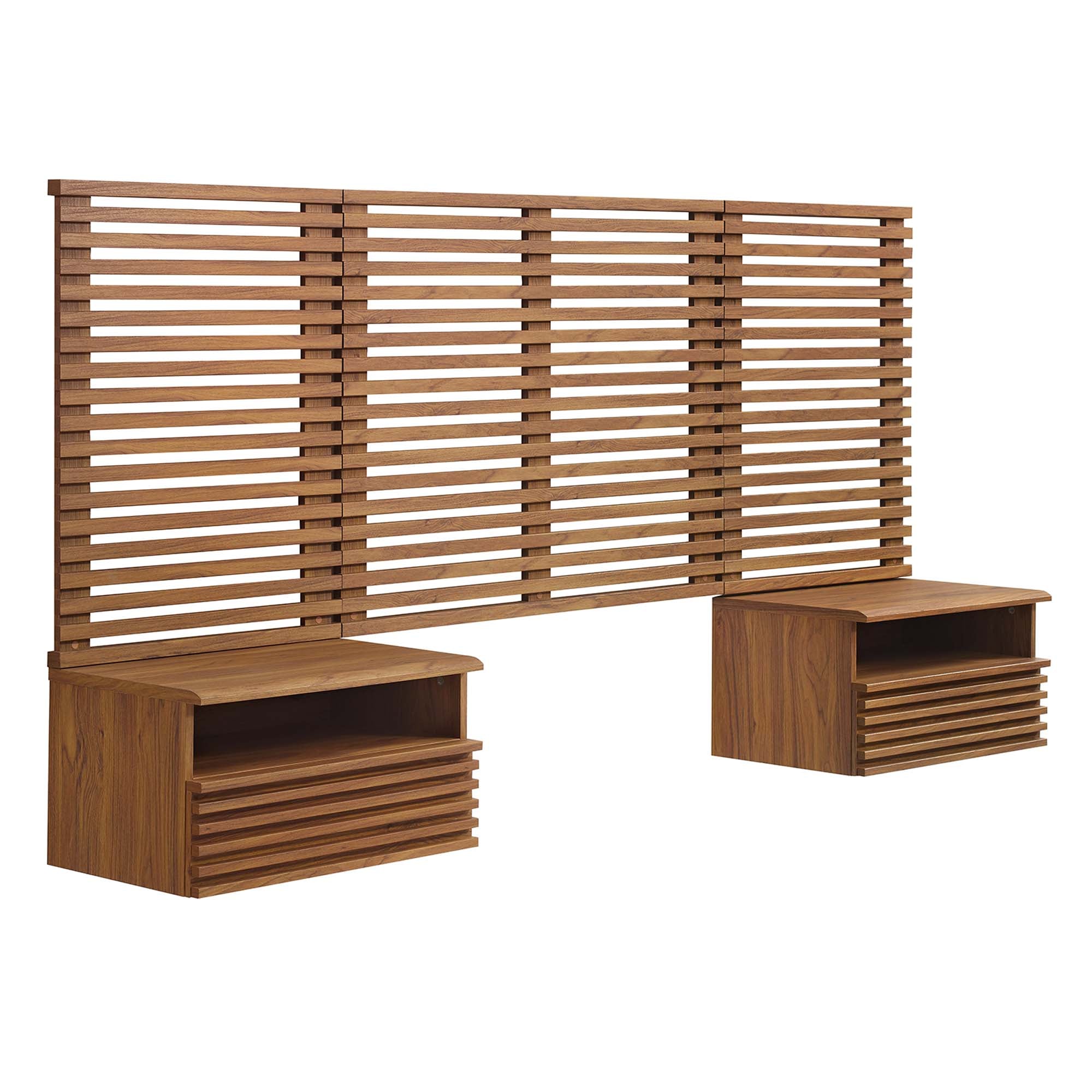 Render Wall Mount Twin Headboard and Modern Nightstands - Walnut