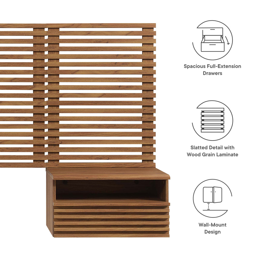 Render Wall Mount Twin Headboard and Modern Nightstands - Walnut