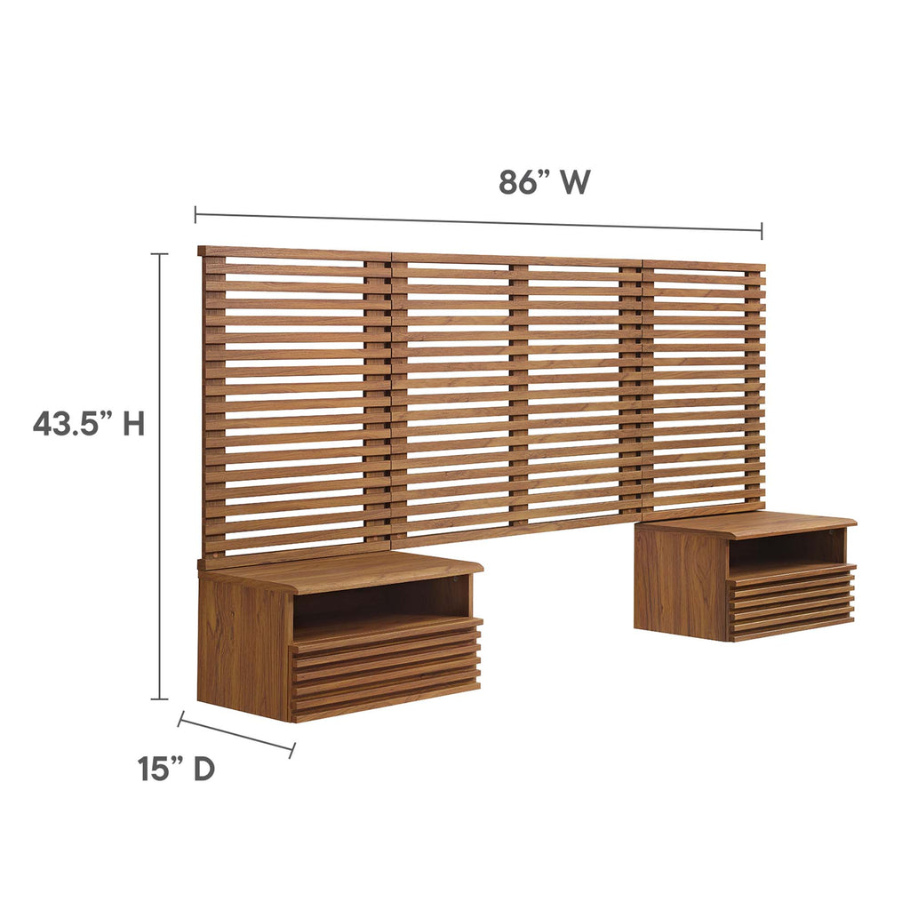 Render Wall Mount Twin Headboard and Modern Nightstands - Walnut