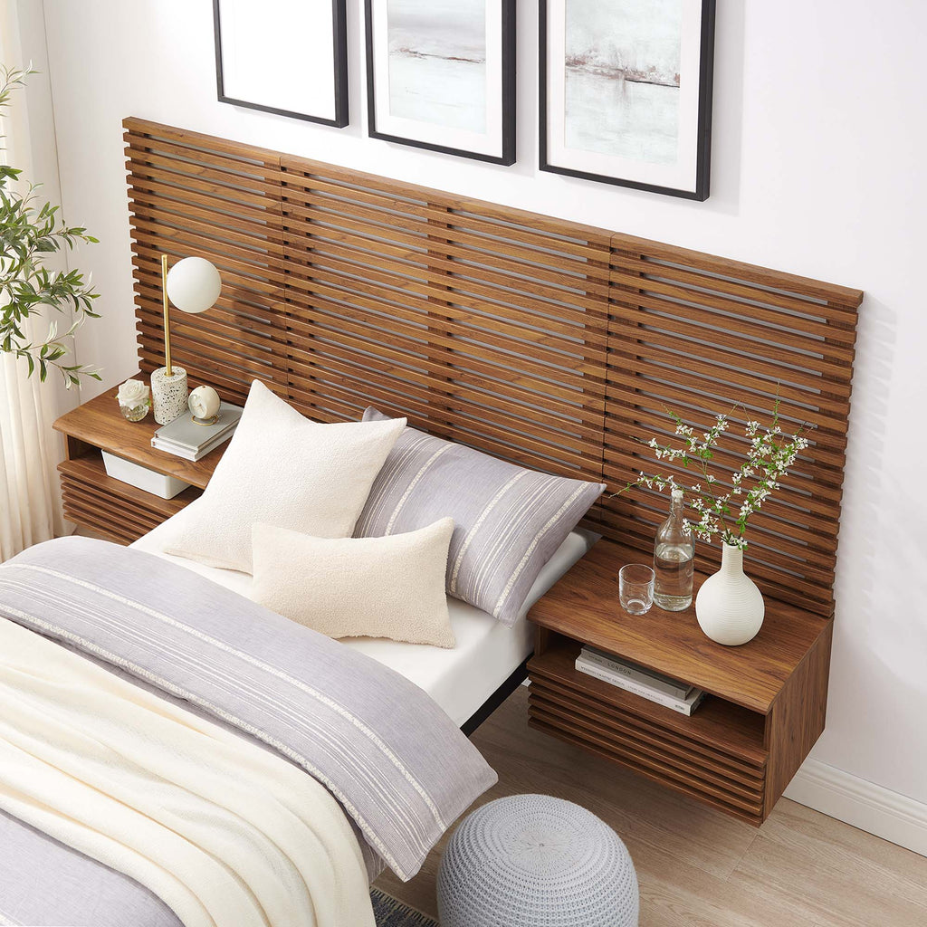Render Wall Mount Twin Headboard and Modern Nightstands - Walnut