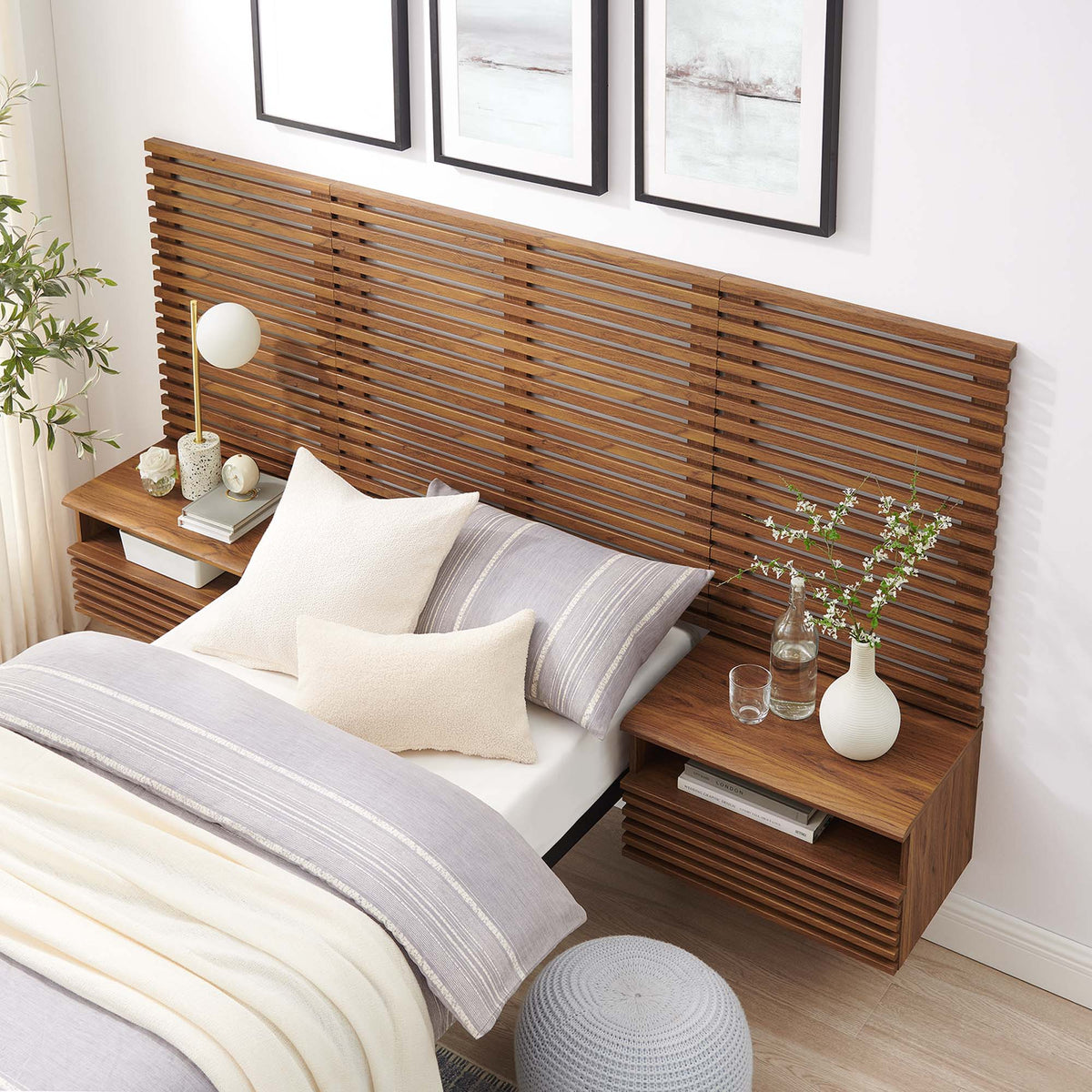 Render Wall Mount Twin Headboard and Modern Nightstands - Walnut