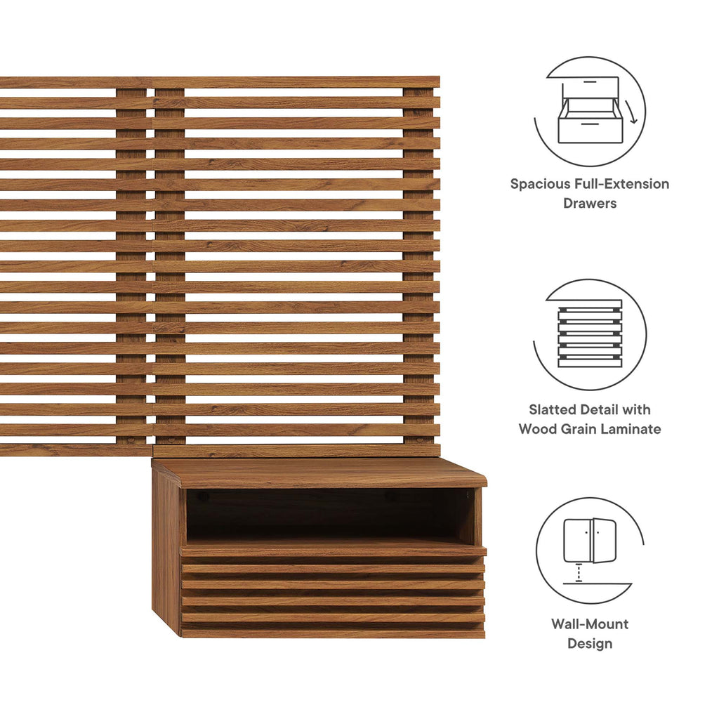 Render Wall Mount Queen Headboard and Modern Nightstands - Walnut