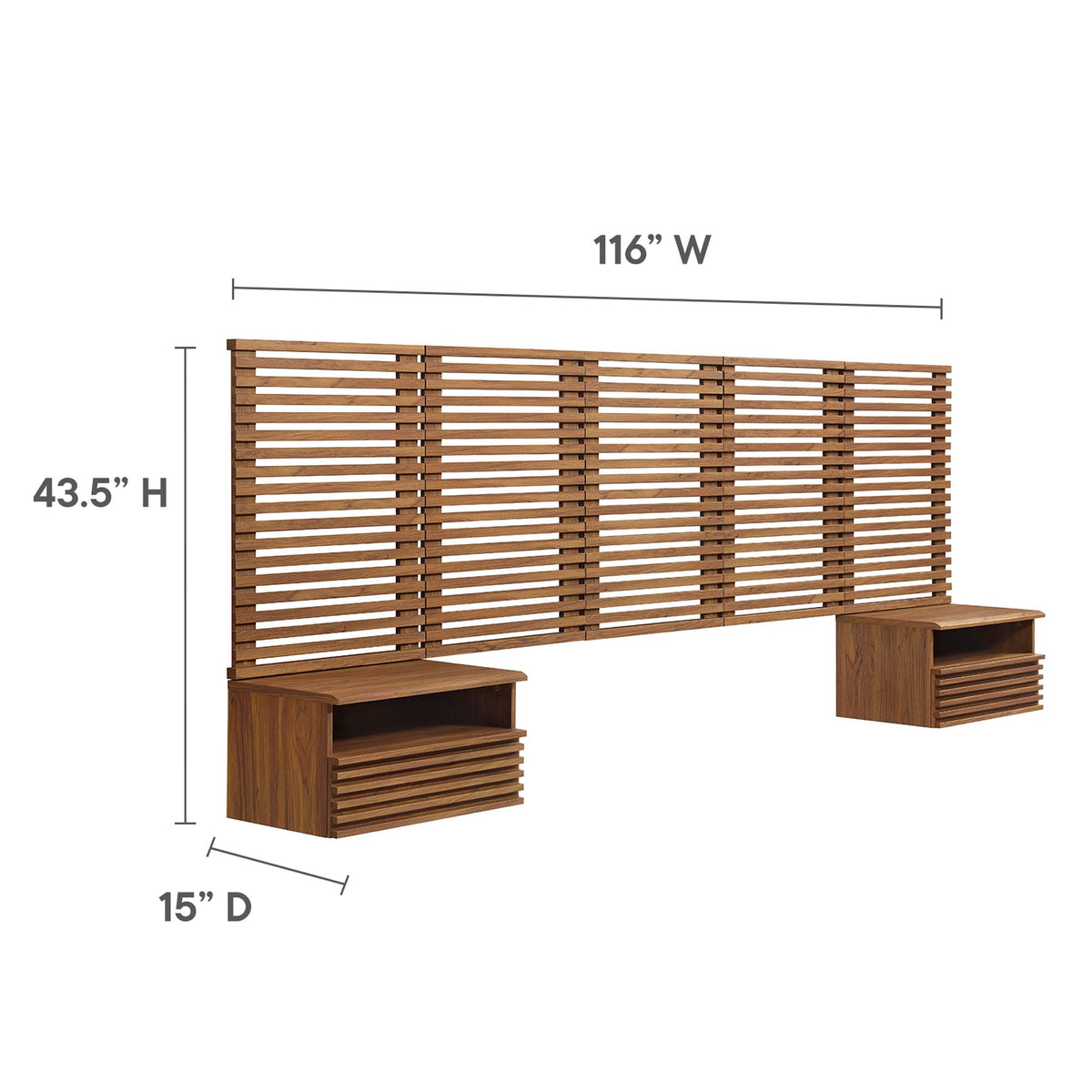 Render Wall Mount Queen Headboard and Modern Nightstands - Walnut
