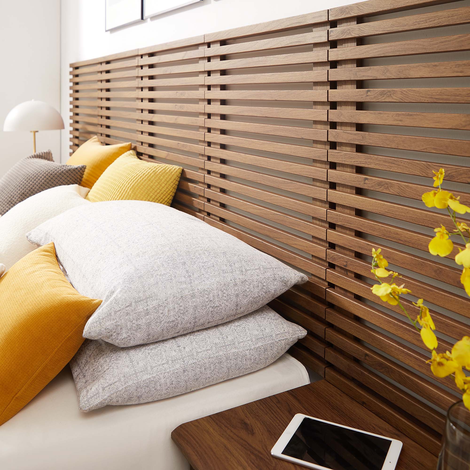 Render Wall Mount Queen Headboard and Modern Nightstands - Walnut