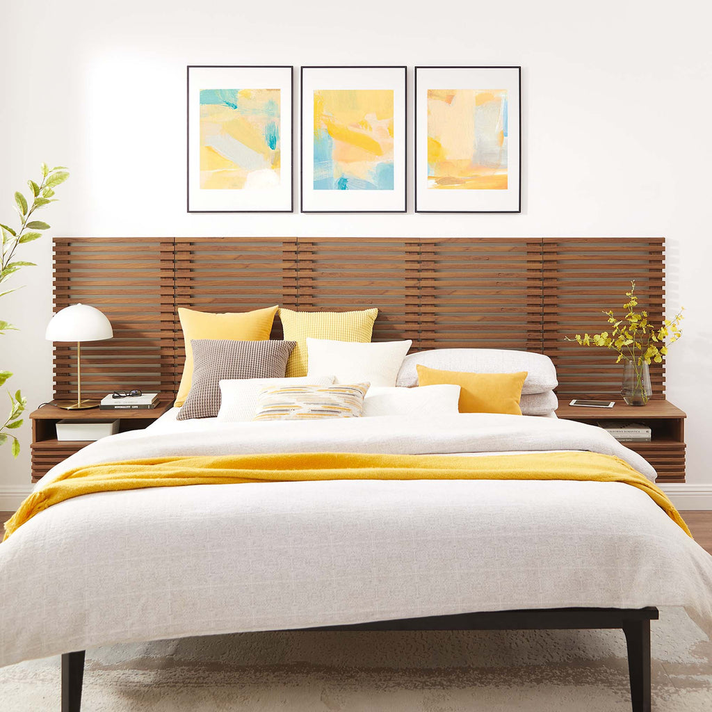 Render Wall Mount Queen Headboard and Modern Nightstands - Walnut