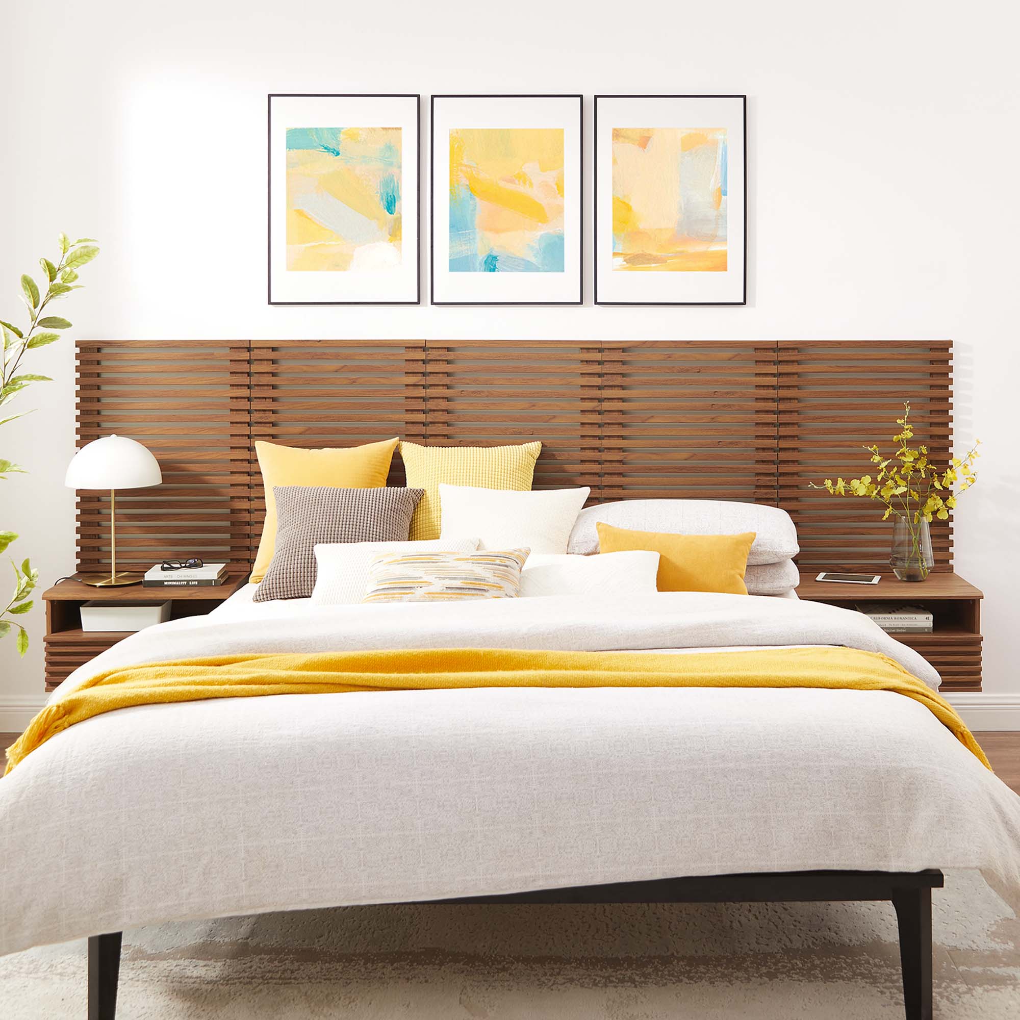 Render Wall Mount Queen Headboard and Modern Nightstands - Walnut