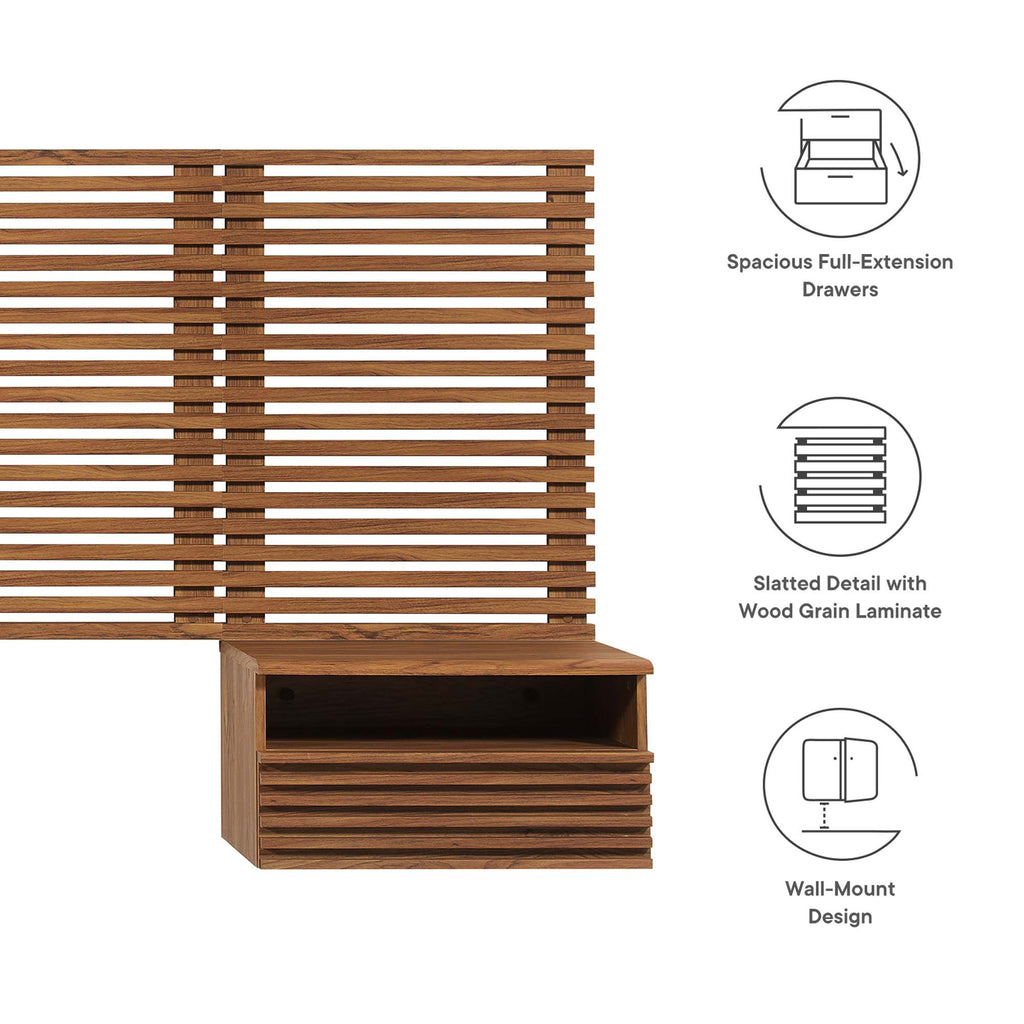 Render Wall Mount King Headboard and Modern Nightstands - Walnut
