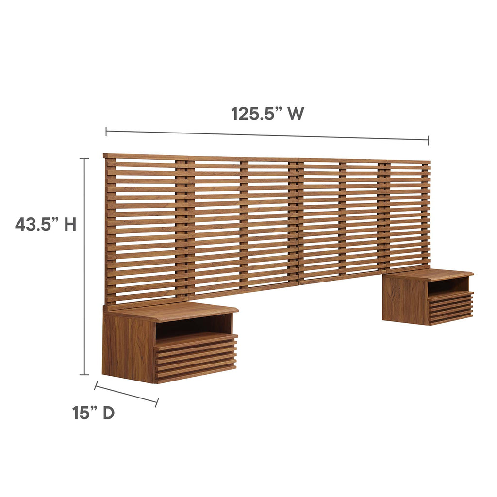 Render Wall Mount King Headboard and Modern Nightstands - Walnut