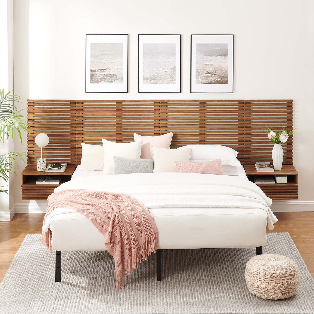Render Wall Mount King Headboard and Modern Nightstands - Walnut