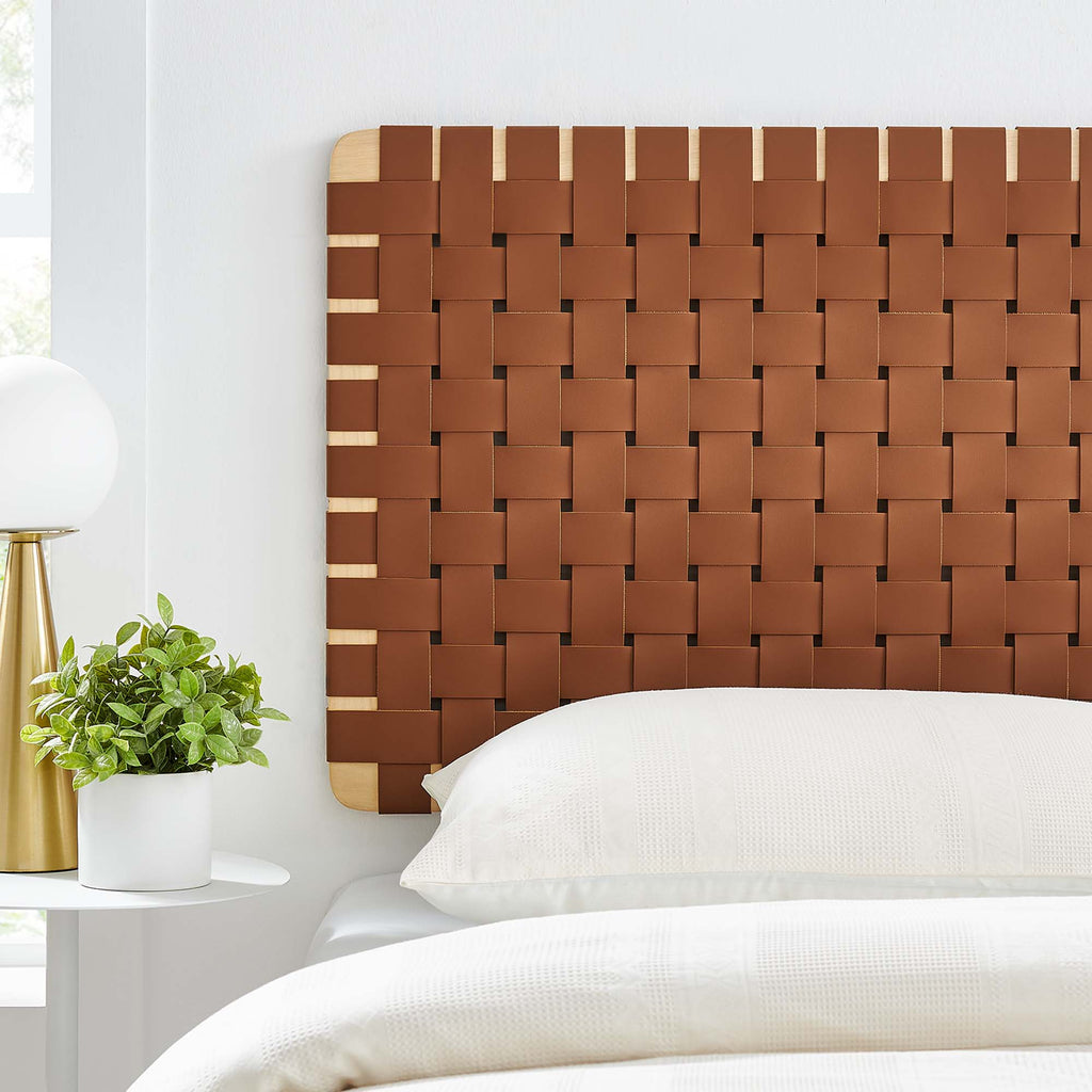 Sparta Weave Wall-Mount Vegan Leather Twin Headboard - Natural Brown