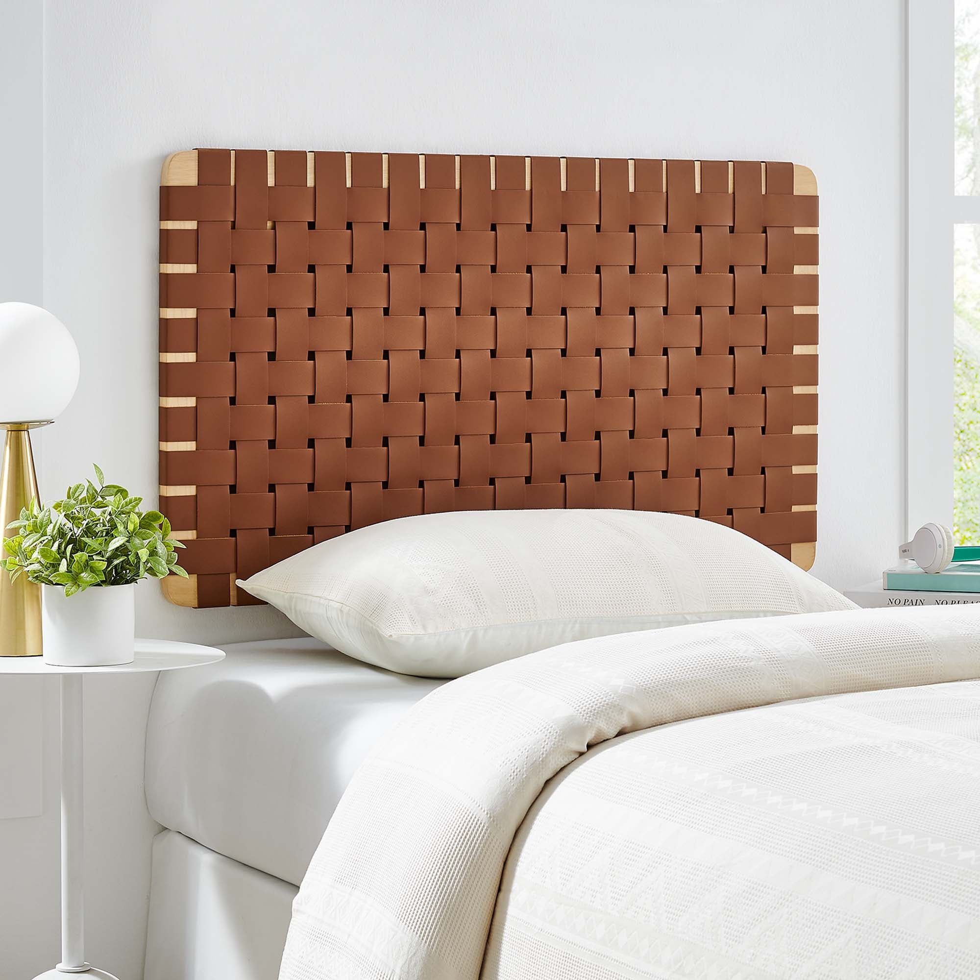 Sparta Weave Wall-Mount Vegan Leather Twin Headboard - Natural Brown