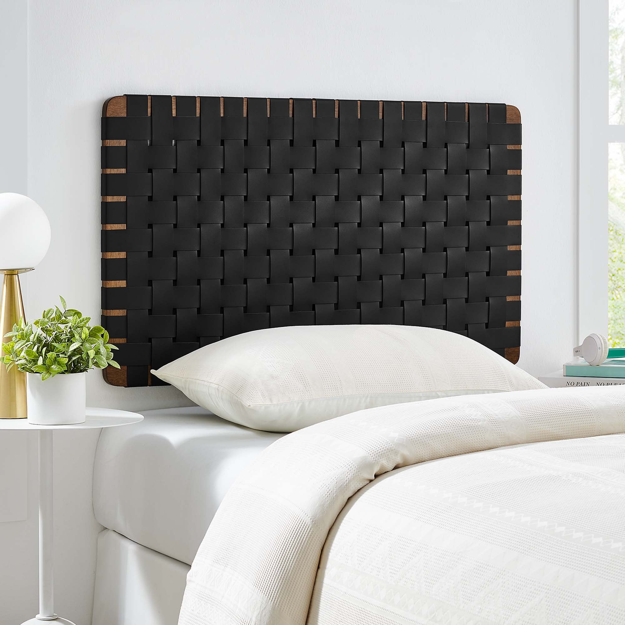 Sparta Weave Wall-Mount Vegan Leather Twin Headboard - Walnut Black