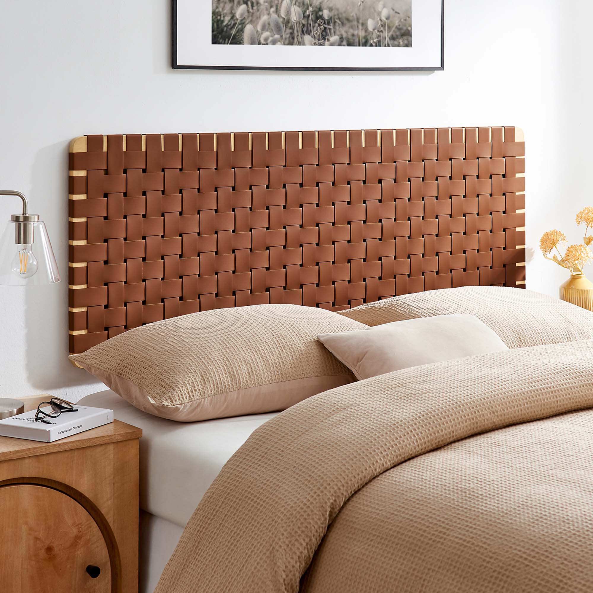 Sparta Weave Wall-Mount Vegan Leather Queen Headboard - Natural Brown