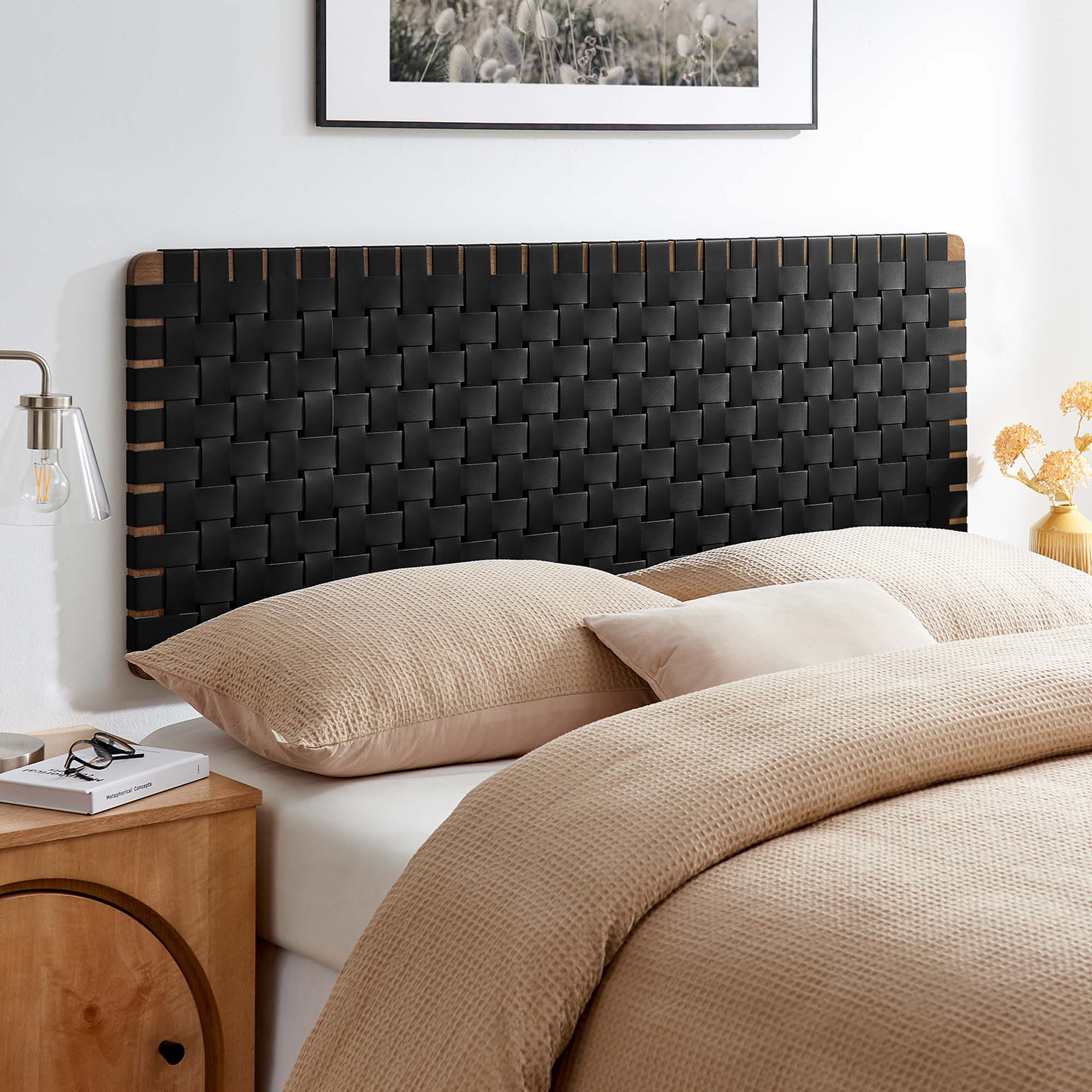 Sparta Weave Wall-Mount Vegan Leather Queen Headboard - Walnut Black