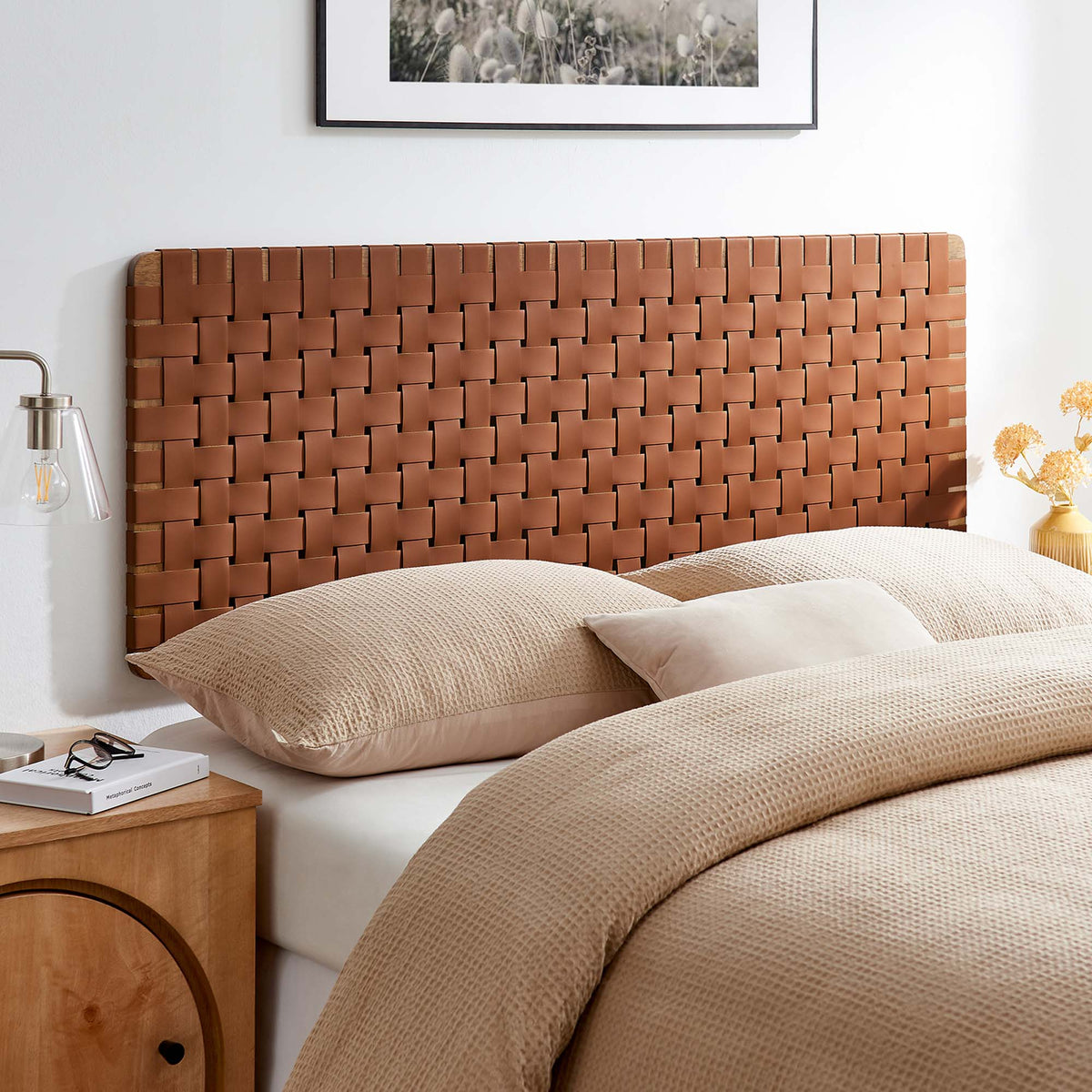 Sparta Weave Wall-Mount Vegan Leather Queen Headboard - Walnut Brown