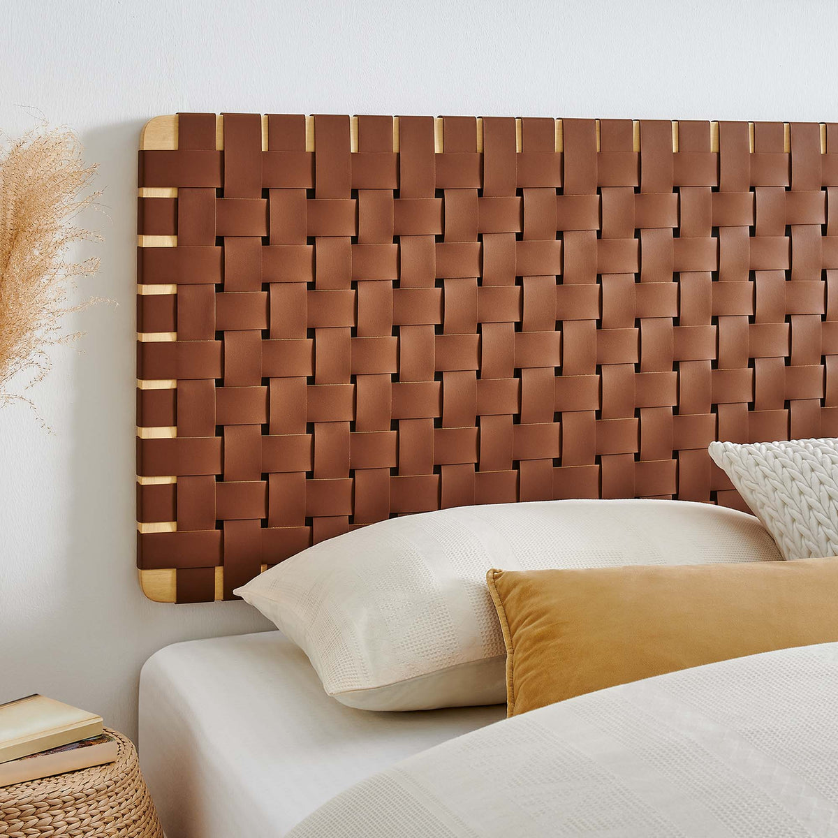 Sparta Weave Wall-Mount Vegan Leather King Headboard - Natural Brown