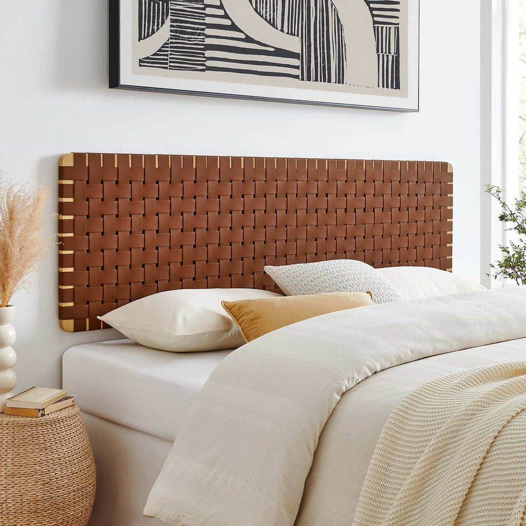 Sparta Weave Wall-Mount Vegan Leather King Headboard - Natural Brown