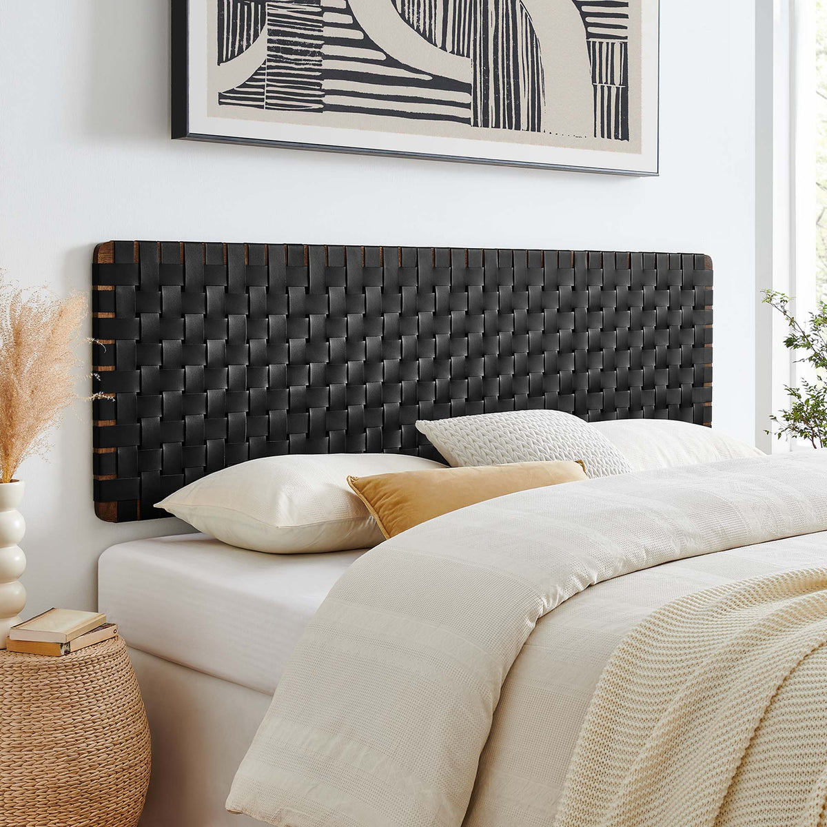 Sparta Weave Wall-Mount Vegan Leather King Headboard - Walnut Black