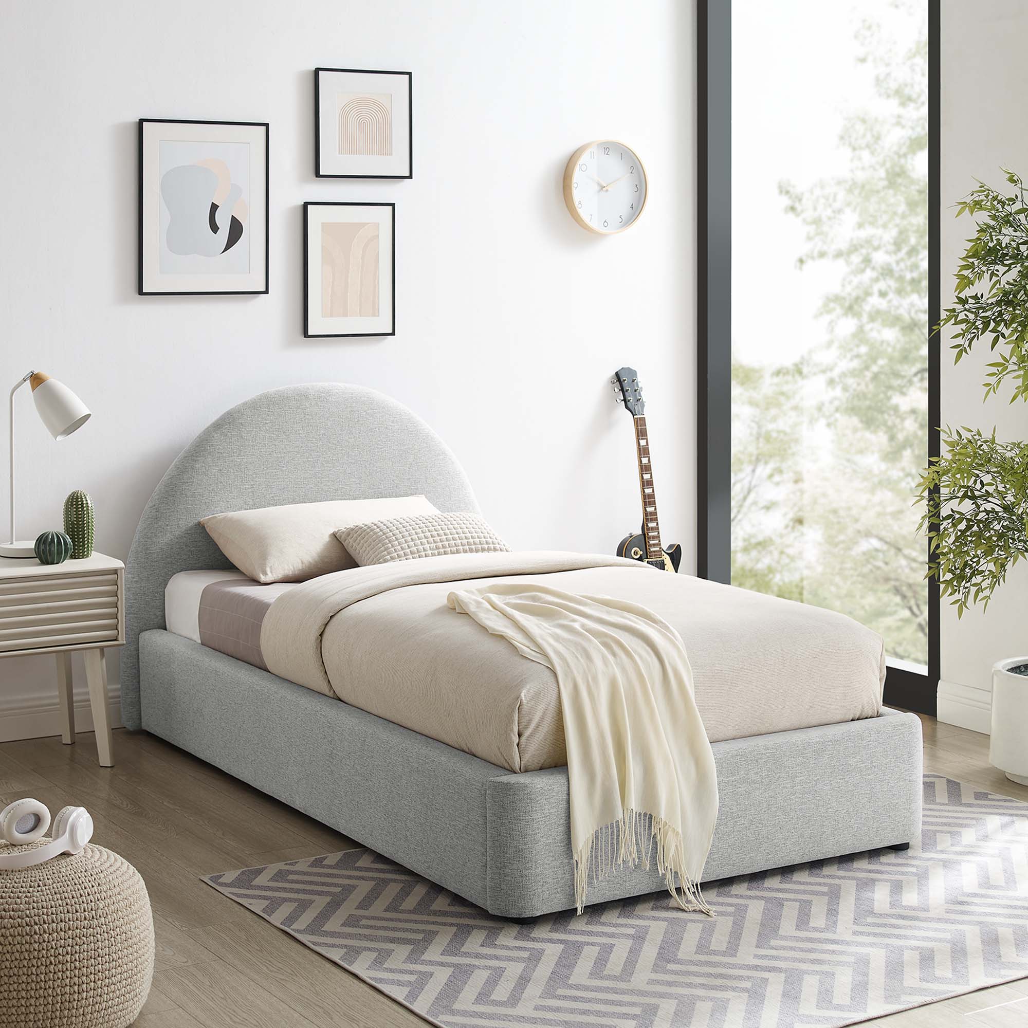 Resort Upholstered Fabric Arched Round Twin Platform Bed - Heathered Weave Light Gray