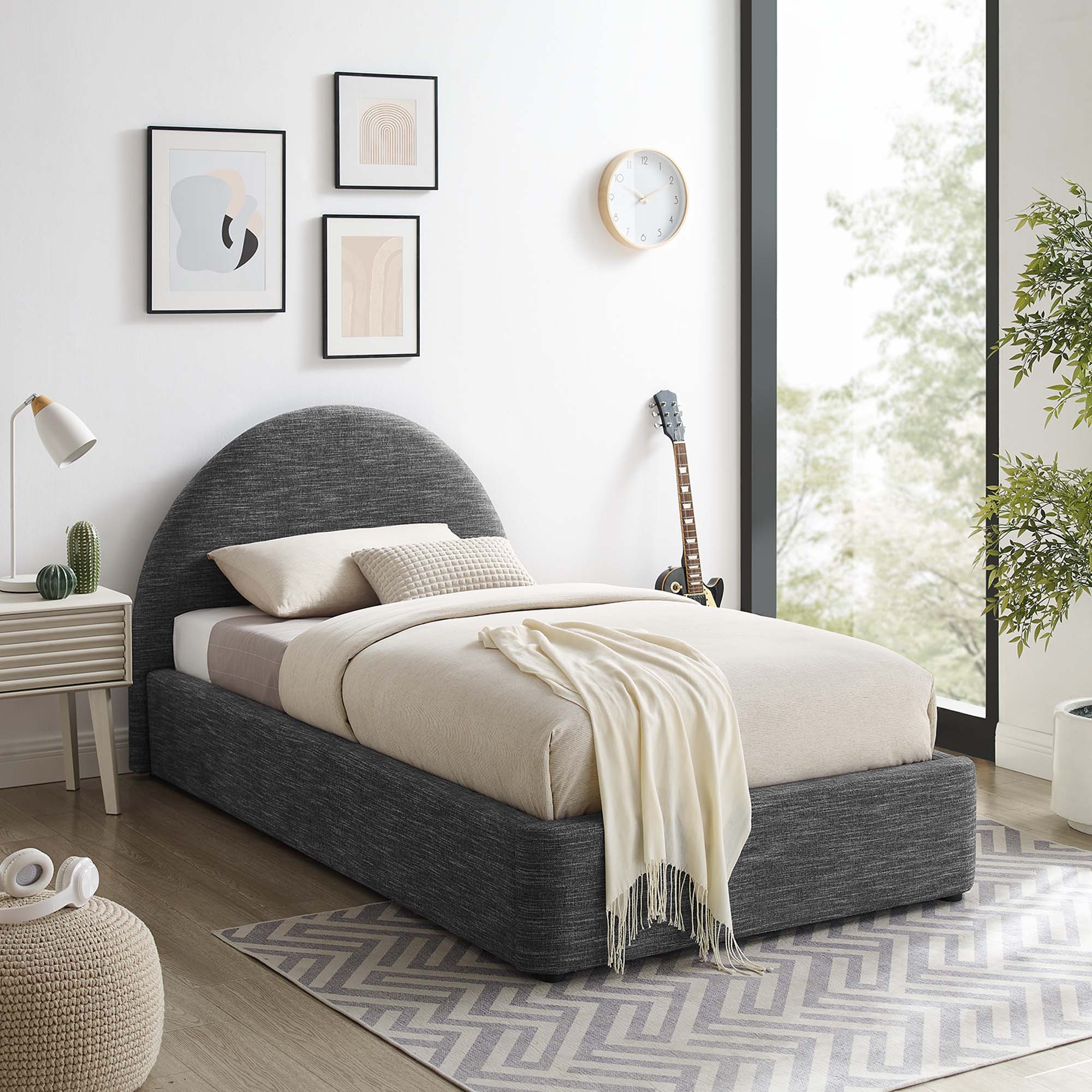 Resort Upholstered Fabric Arched Round Twin Platform Bed - Heathered Weave Slate