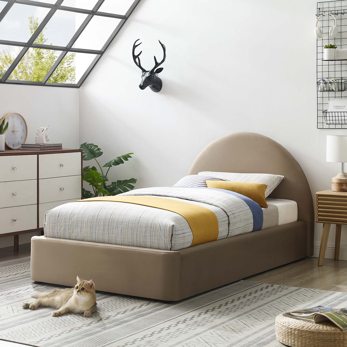 Resort Performance Velvet Arched Round Twin Platform Bed - Taupe