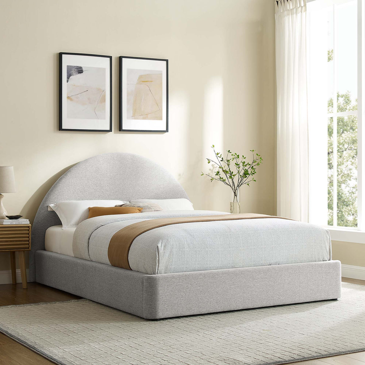 Resort Upholstered Fabric Arched Round Full Platform Bed - Heathered Weave Light Gray